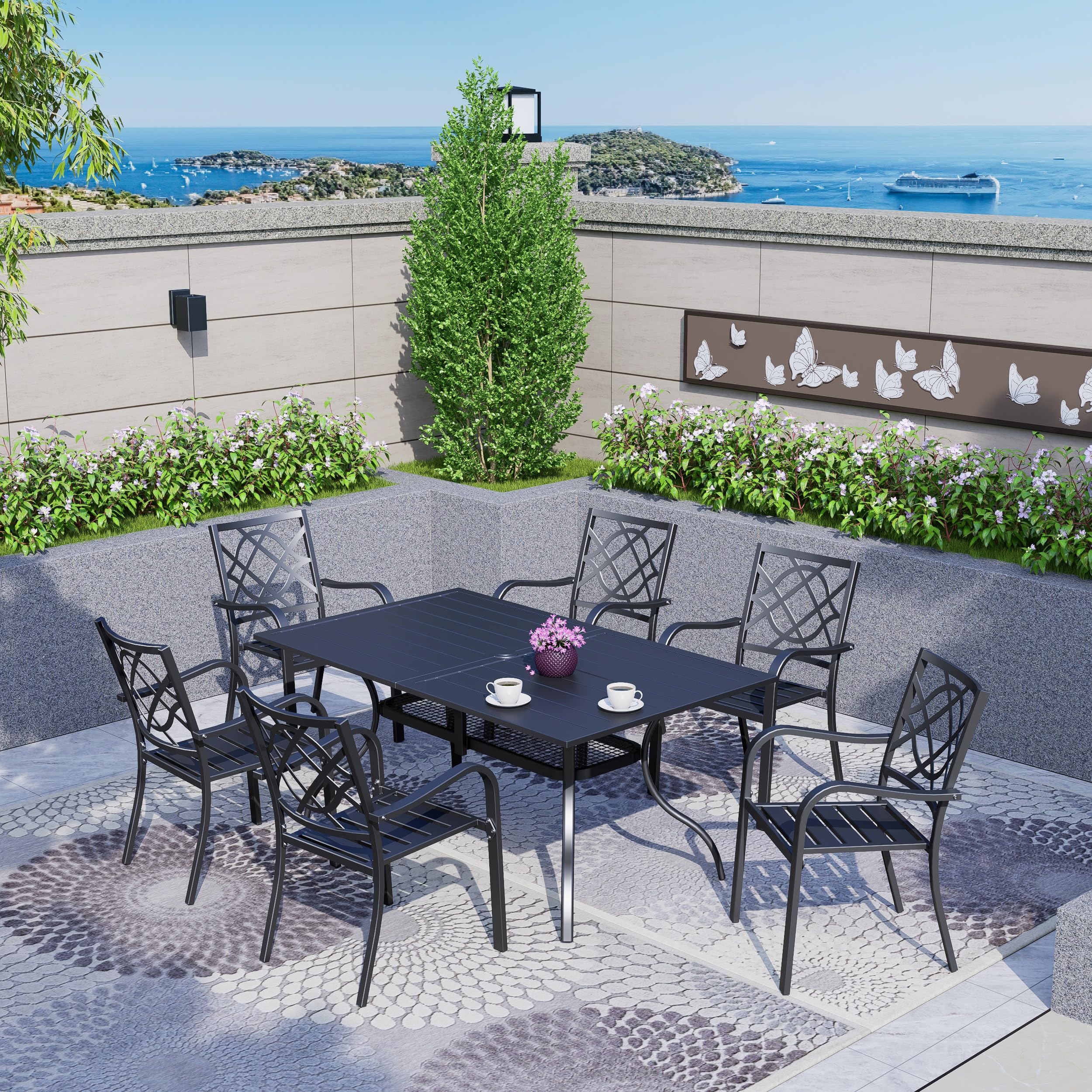 7-Piece Outdoor Patio Dining Set - Durable Metal Furniture with Rectangular Slatted Table (Umbrella Hole) & 6 Stackable Chairs - Perfect for Backyard, Garden, Poolside & BBQ Gatherings