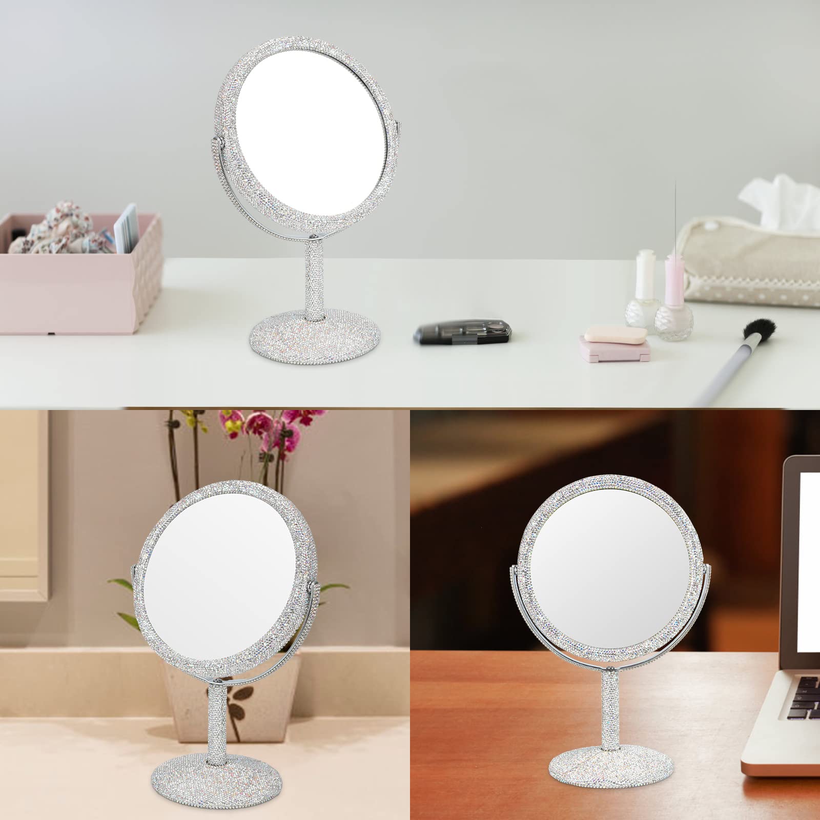 KEYPOWER Bling Rhinestone Vanity Mirror - Round Double-Sided Cosmetic Mirror with Stand, Glitter Movable Desk & Tabletop Mirror for Bathroom, Bedroom, Makeup Station (White) - Perfect for Makeup Application, Skincare Routine & Home Decor