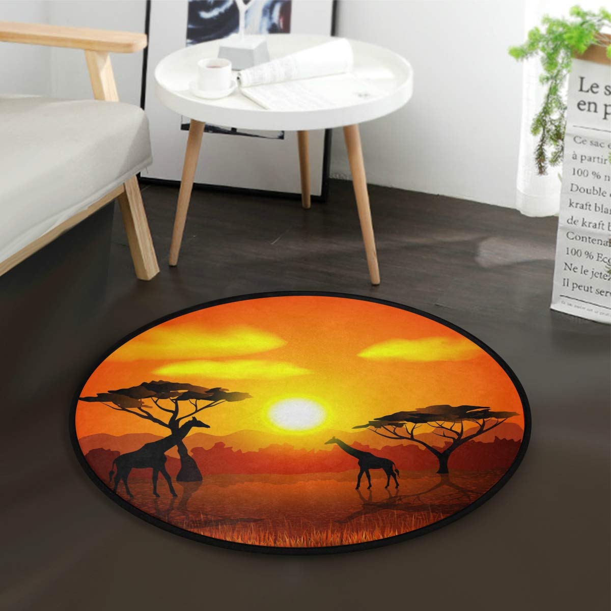 ALAZA African Giraffe Sunset Round Area Rug - 3' Diameter (92 cm) Soft Non-Slip Floor Mat for Living Room, Bedroom, Nursery | Boho Chic Home Decor for Cozy Spaces