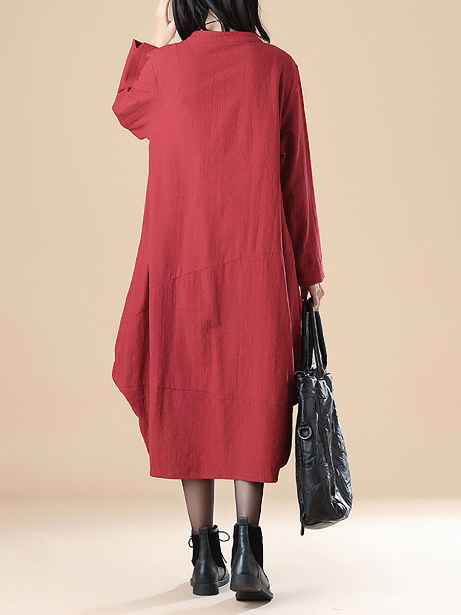 Plus Size Cotton Long Sleeve Loose Casual Red Dress for Women - Comfortable & Stylish Everyday Wear for Work, Dating and Special Occasions