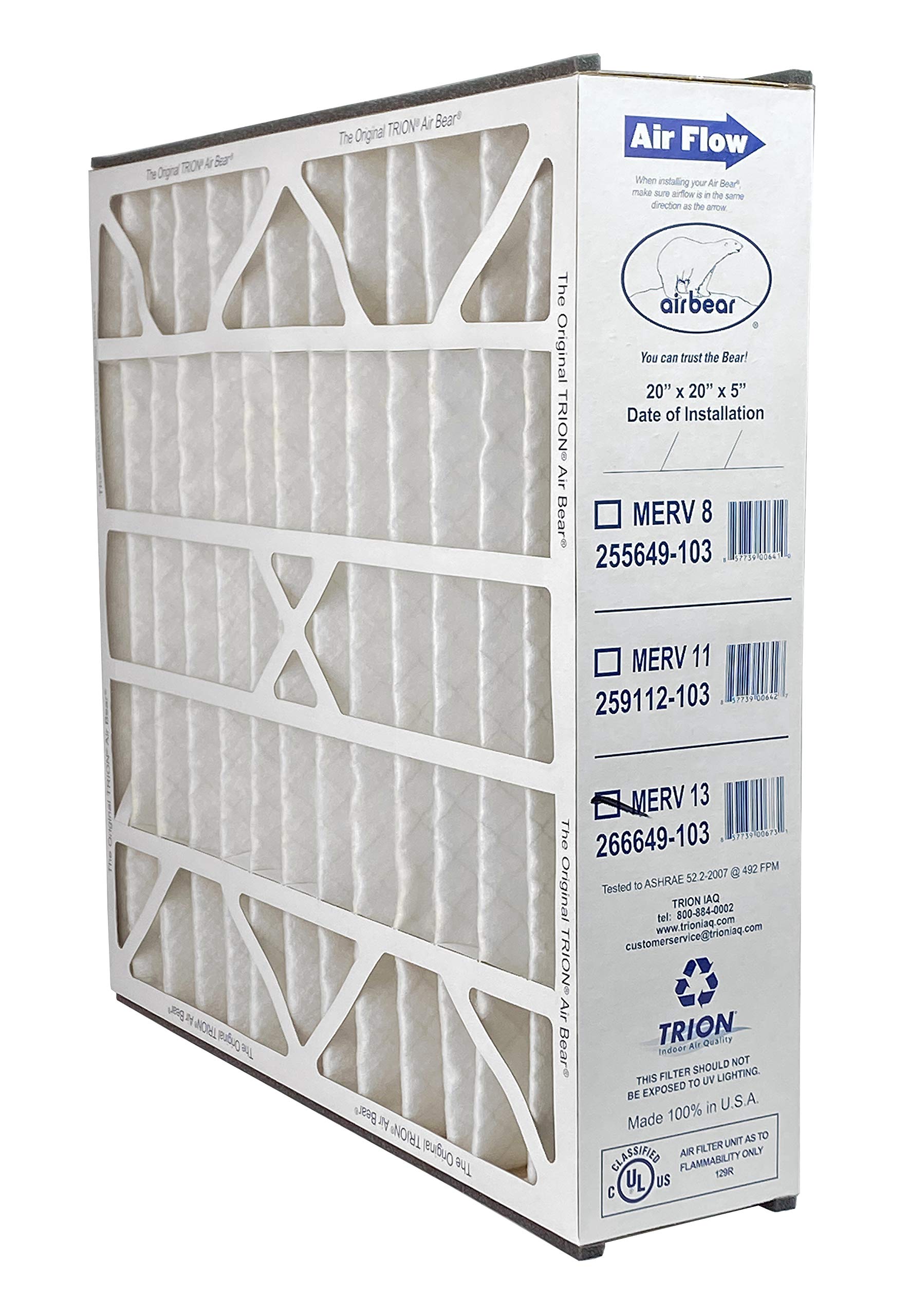 Trion Air Bear 266649-103 MERV 13 Pleated Air Filter 20x20x5 Inch - High Efficiency HVAC Furnace AC Replacement Filter for Home & Office Air Purification