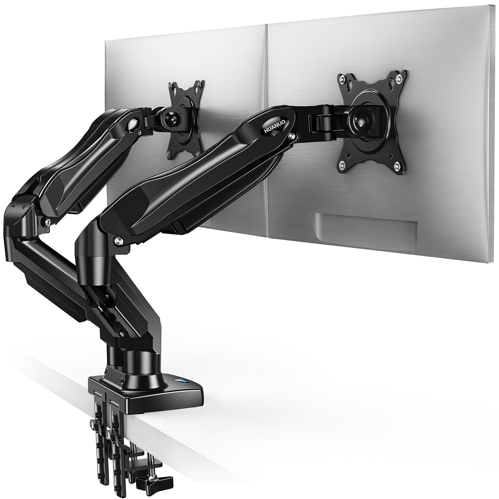 HUANUO Dual Monitor Stand - Adjustable Spring Monitor Arm for 13-32 Inch Screens, C Clamp/Grommet Mounting Base, VESA Compatible, Holds 4.4-19.8lbs - Perfect for Home Office, Gaming Setup & Workspace Ergonomics