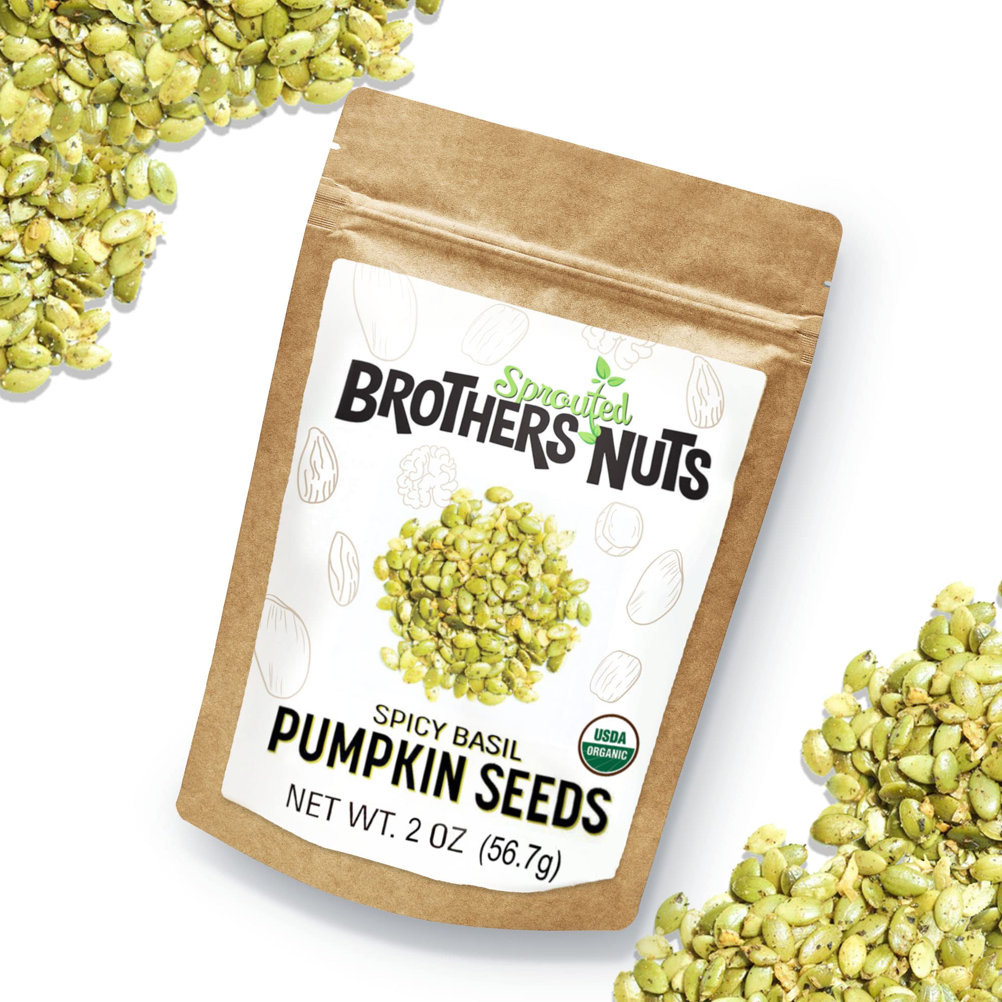 Brothers Nuts - Spicy Basil & Salted Sprouted Pumpkin Seeds | Gluten-Free, Vegan, Keto-Friendly Healthy Snack (2 oz) | No Preservatives or Additives | Perfect for On-the-Go, Movie Nights & Office Snacking