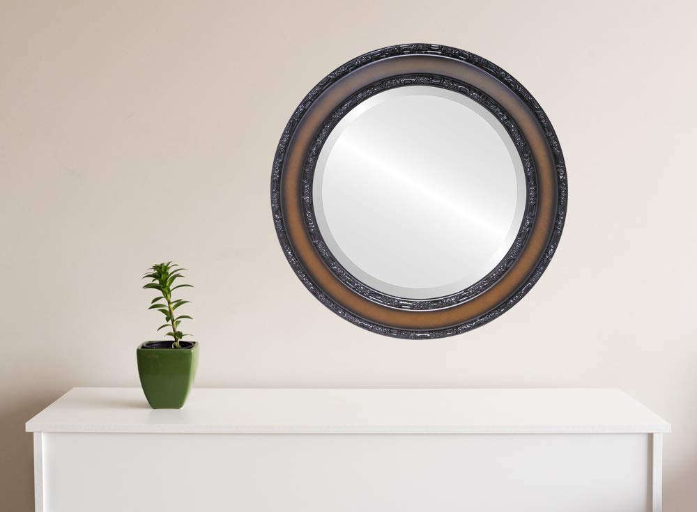 OVALCREST Round Beveled Wall Mirror - Monticello Style Walnut Finish - 22x22 Inch Home Decor Mirror for Living Room, Bedroom & Entryway