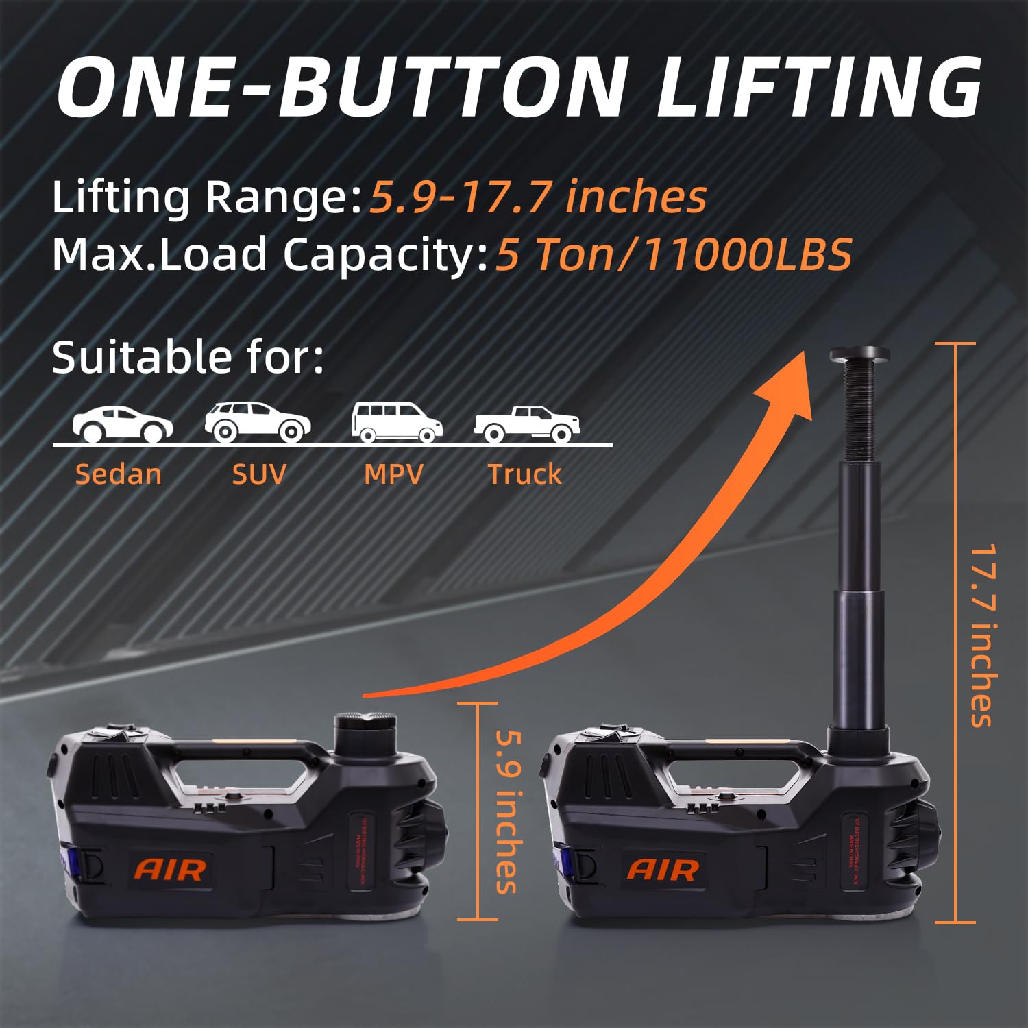 5 Ton 12V Electric Car Jack with Tire Inflator Pump - Hydraulic Floor Jack for SUVs & Sedans | Portable Auto Lift with LED Light for Emergency Roadside Repairs & Tire Changes