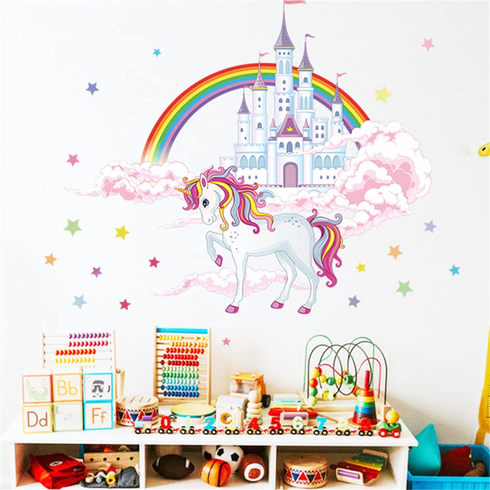 Unicorn Wall Stickers & Decals with Rainbow Castle - Removable Wall Art Decor for Kids, Boys, Girls Bedroom, Nursery, Party - Perfect for Home Decoration, Birthday Parties & Kids Room Themes