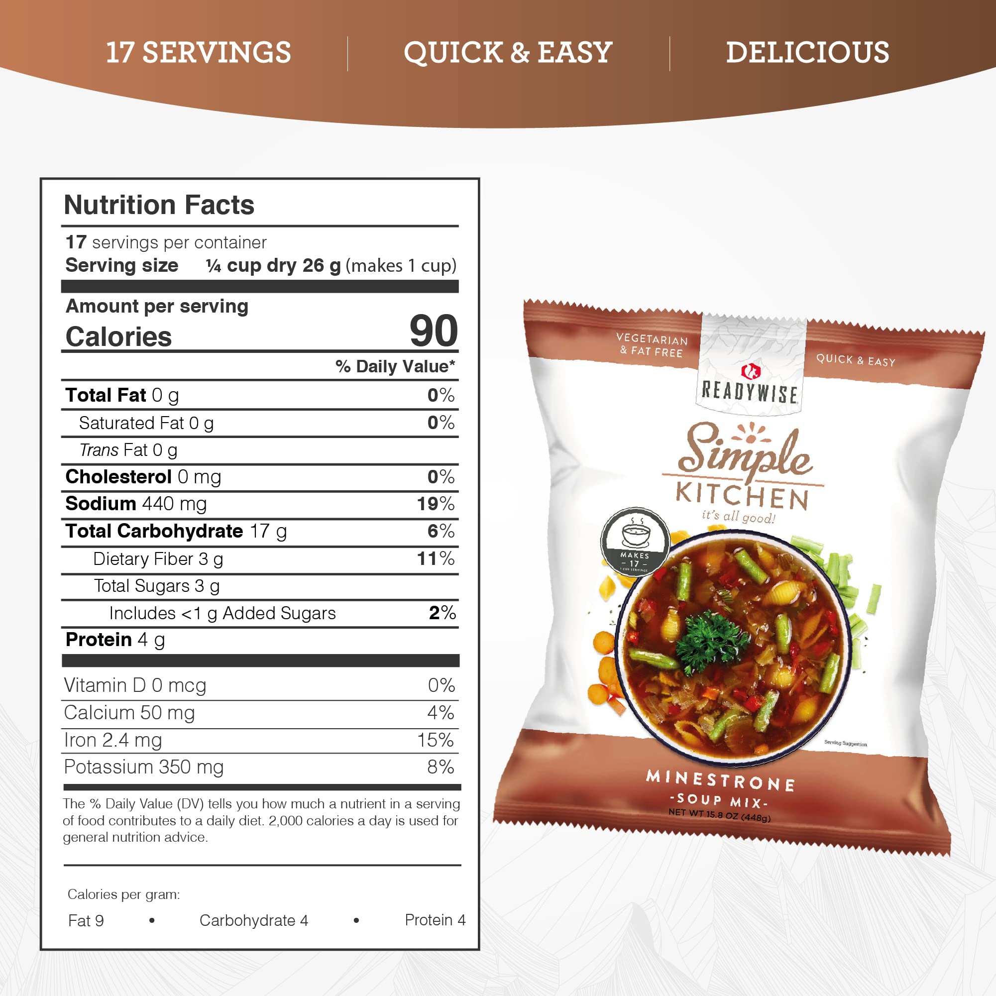 ReadyWise Minestrone Soup Mix - 17 Servings | Vegetarian Emergency Food Supply for Camping, Hiking & Survival | Long Shelf Life MRE Meal | Perfect for Outdoor Adventures & Daily Use