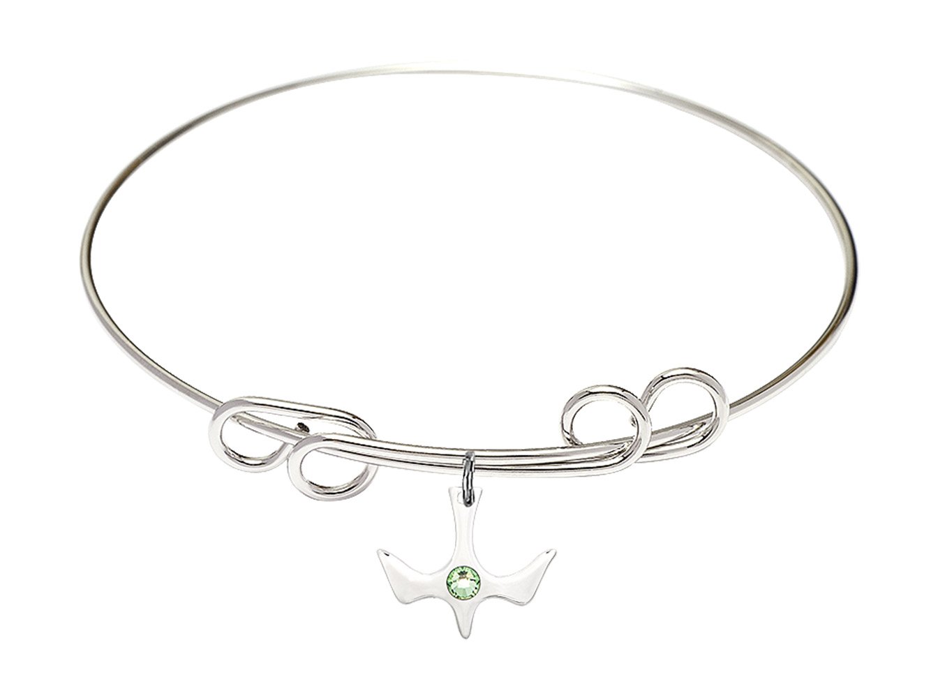 8 Inch Round Double Loop Bangle Bracelet with Holy Spirit Medal Charm & August Green Crystal - Elegant Religious Jewelry for Women, Perfect for Church, Weddings, and Special Occasions
