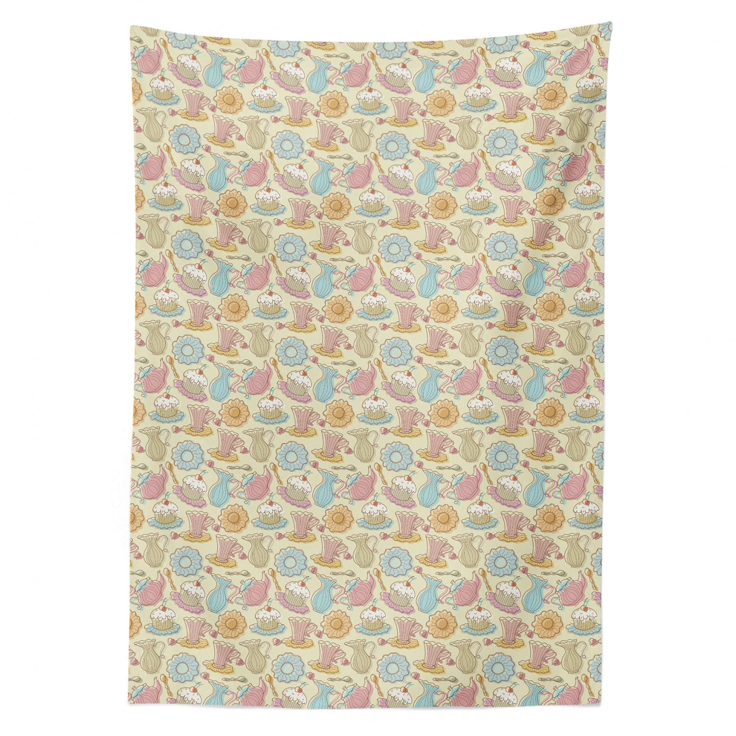 Ambesonne Tea Party Tablecloth - Hand Drawn Cake Design, 60x90 Inch Satin Table Cover for Dining & Kitchen Decor