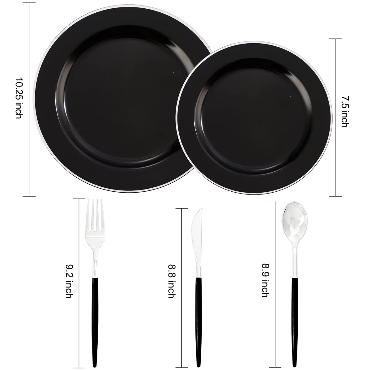 WELLIFE 120-Piece Black & Silver Plastic Dinnerware Set - 24 Dinner Plates, 24 Dessert Plates & 72 Silverware for Parties, Weddings & Events - Elegant Disposable Tableware for Catering, Picnics & Outdoor Gatherings