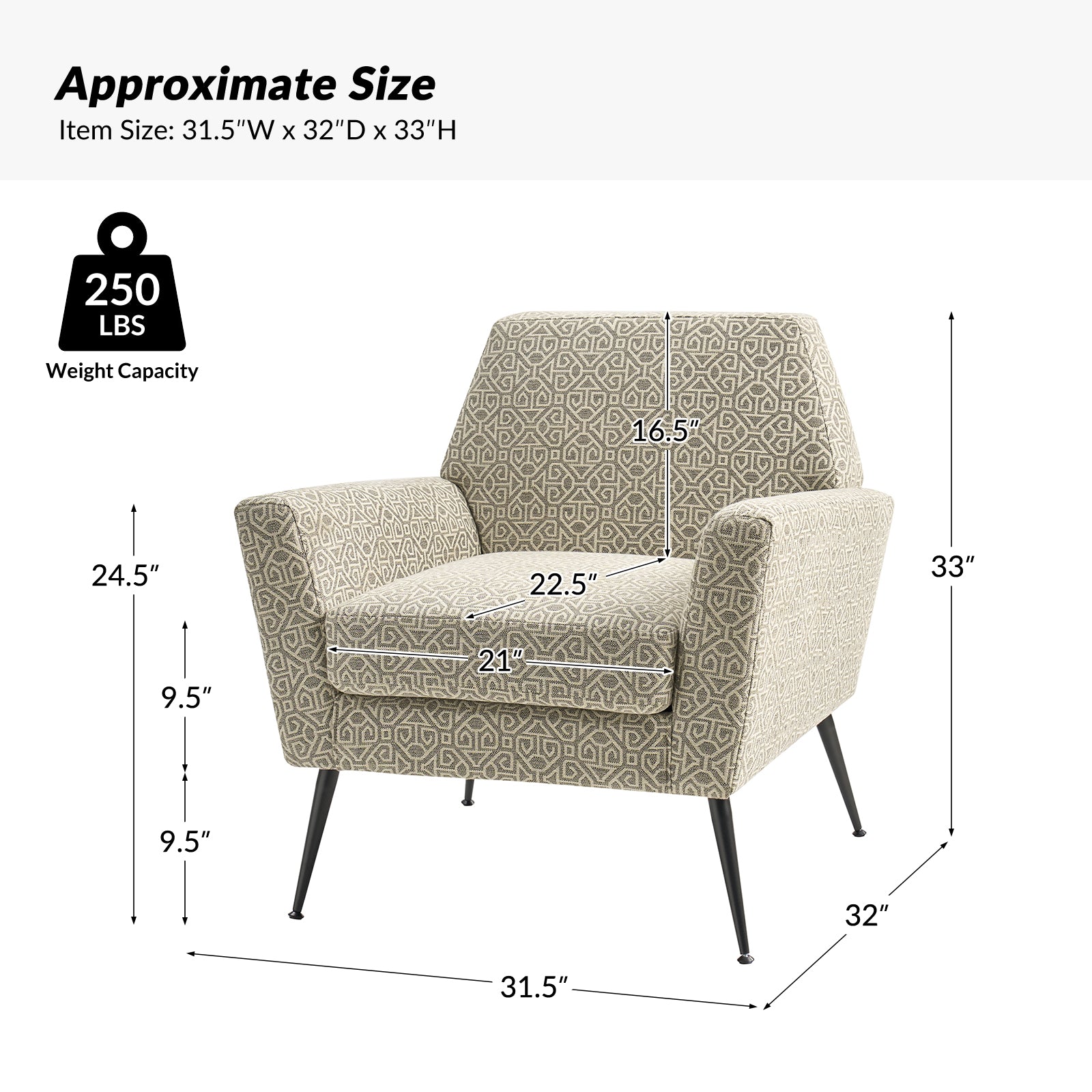 Modern Tony Geometric Pattern Armchair with Square Arms - Stylish Accent Chair for Living Room, Bedroom, or Office - Perfect for Small Spaces and Contemporary Decor
