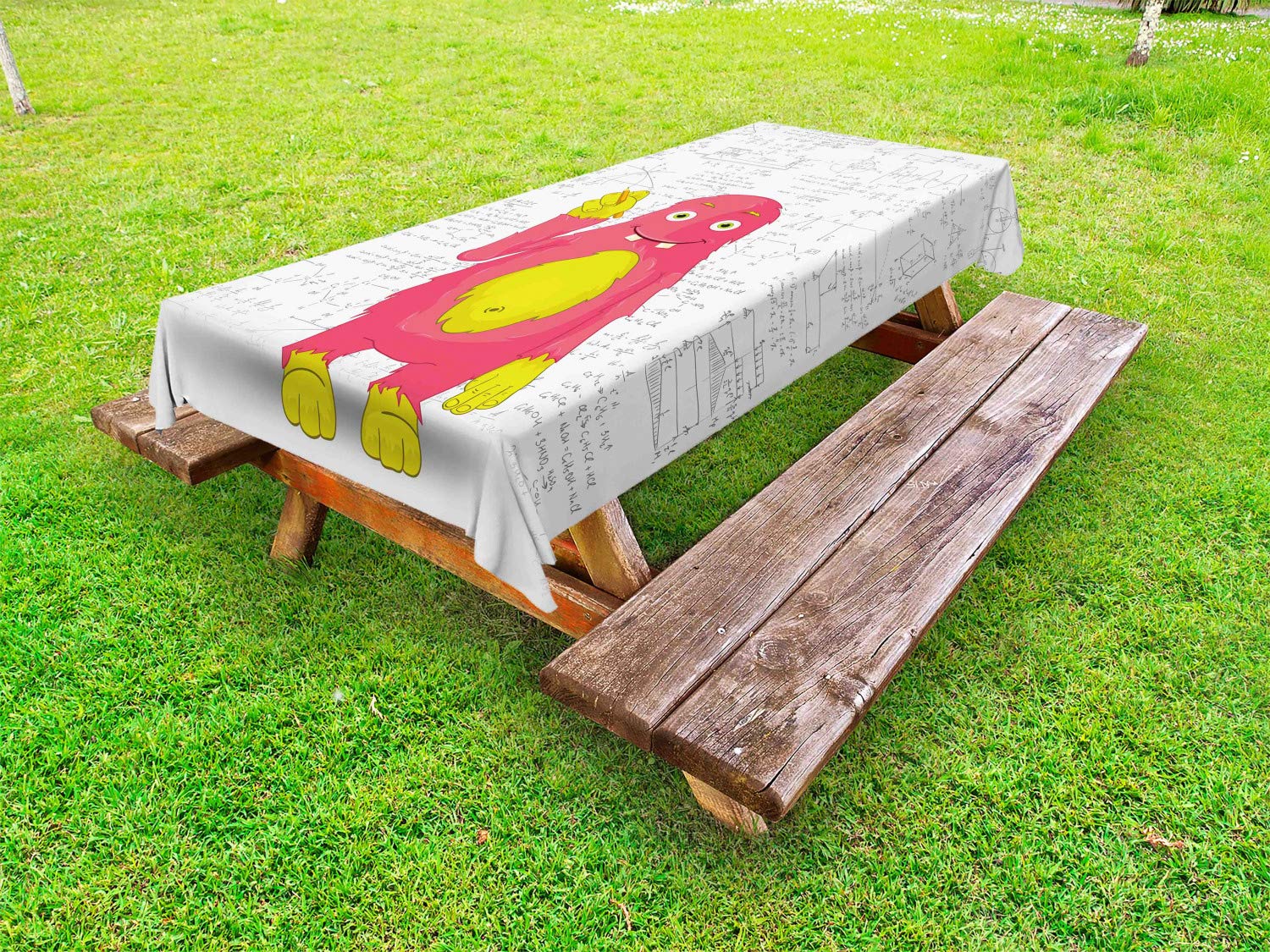 Ambesonne Science Themed Outdoor Tablecloth - Funny Smart Monster Math Illustration, Washable Picnic Table Cover 58x84 Inches in Yellow White & Pink | Perfect for Backyard BBQs, Science Parties & Nerdy Gatherings