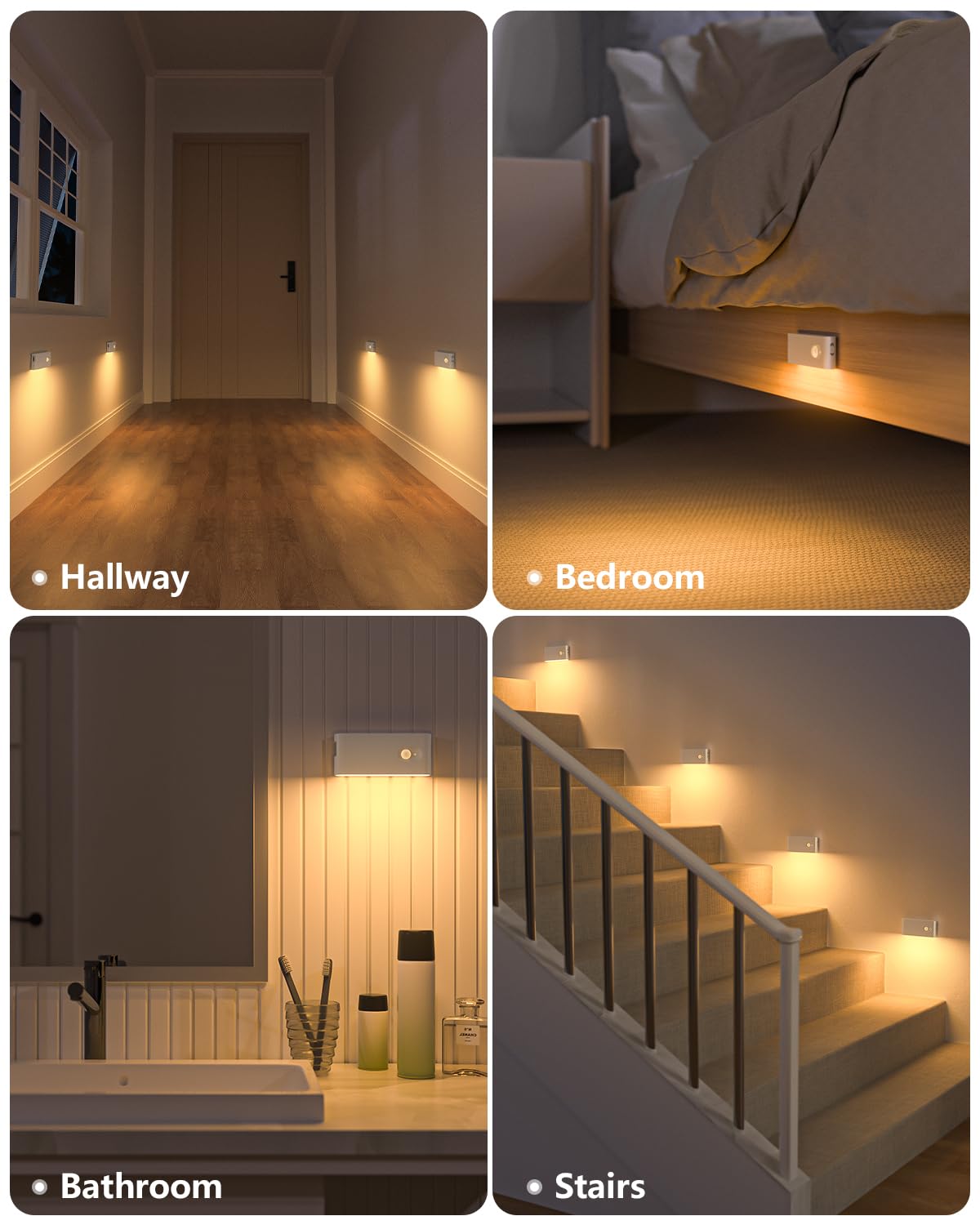 WILLED Rechargeable Motion Sensor Night Light - 6 Pack Warm White LED Stair Lights for Indoor Use in Hallway, Stairway, Bathroom, Bedroom & Kitchen | Automatic Battery Operated Lighting for Safety & Convenience