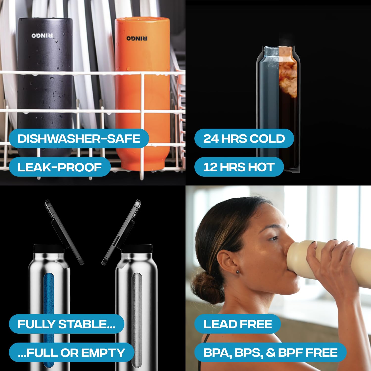 Ringo Insulated Stainless Steel Water Bottle 24oz with Mag-Safe Phone Holder & Magnetic Tripod Mount - Keeps Hot 12H/Cold 24H, 360° Rotation - Ivory - Perfect for Gym, Hiking, Travel & Outdoor Activities