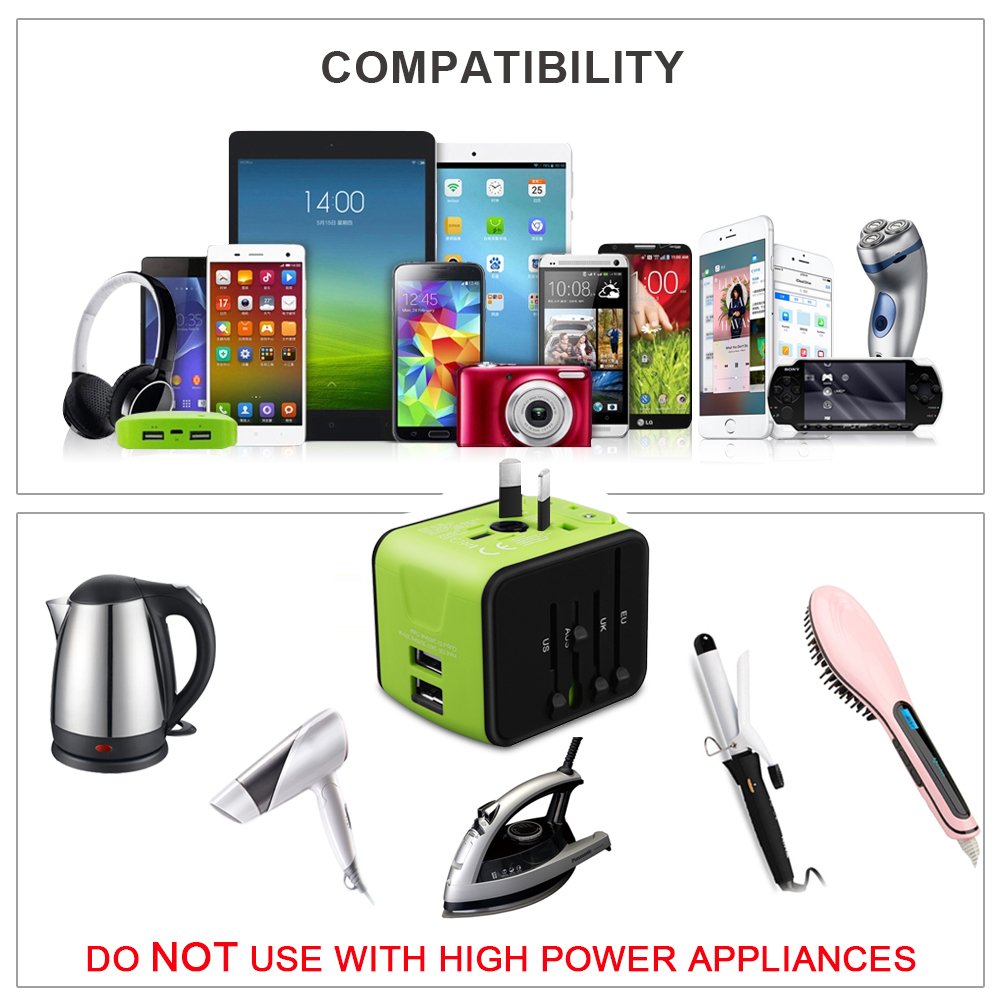 Universal Travel Adapter with 2.4A Dual USB - All-in-One International Power Charger for US, UK, EU, AU & Asia (150+ Countries) - Compact Green Wall Charger for Travel, Business Trips & Vacation Essentials