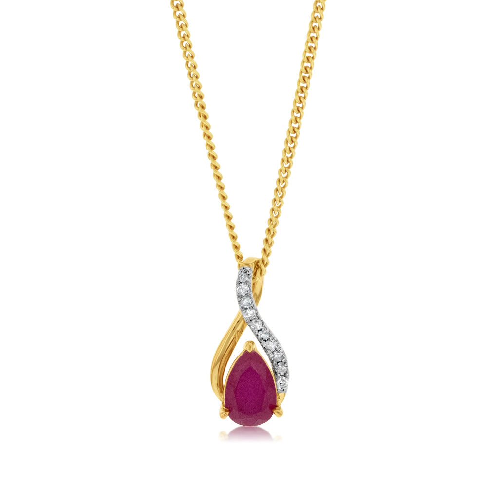 9ct Rose Gold Diamond & Lab-Created Pear Ruby Pendant Necklace - Elegant Jewelry Gift for Women, Perfect for Valentine's Day, Anniversary & Special Occasions