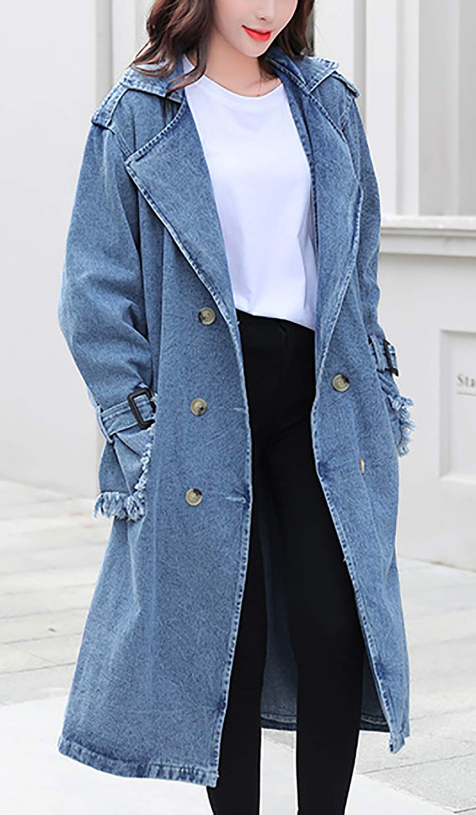 Stylish Women's Long Denim Jacket with Belt - Oversized Button Down Trench Coat for Spring - Casual Long Sleeve Jean Jacket for Everyday Wear, Date Night & Outdoor Activities
