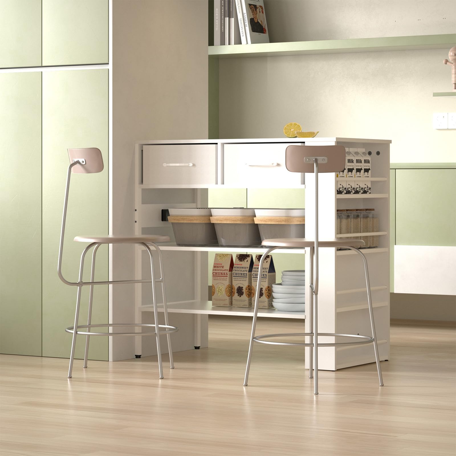 Modern White Kitchen Island with Open Storage Shelves, Spice Rack & Power Outlet - Versatile Bar Table for Cooking, Dining & Entertaining in Small Spaces