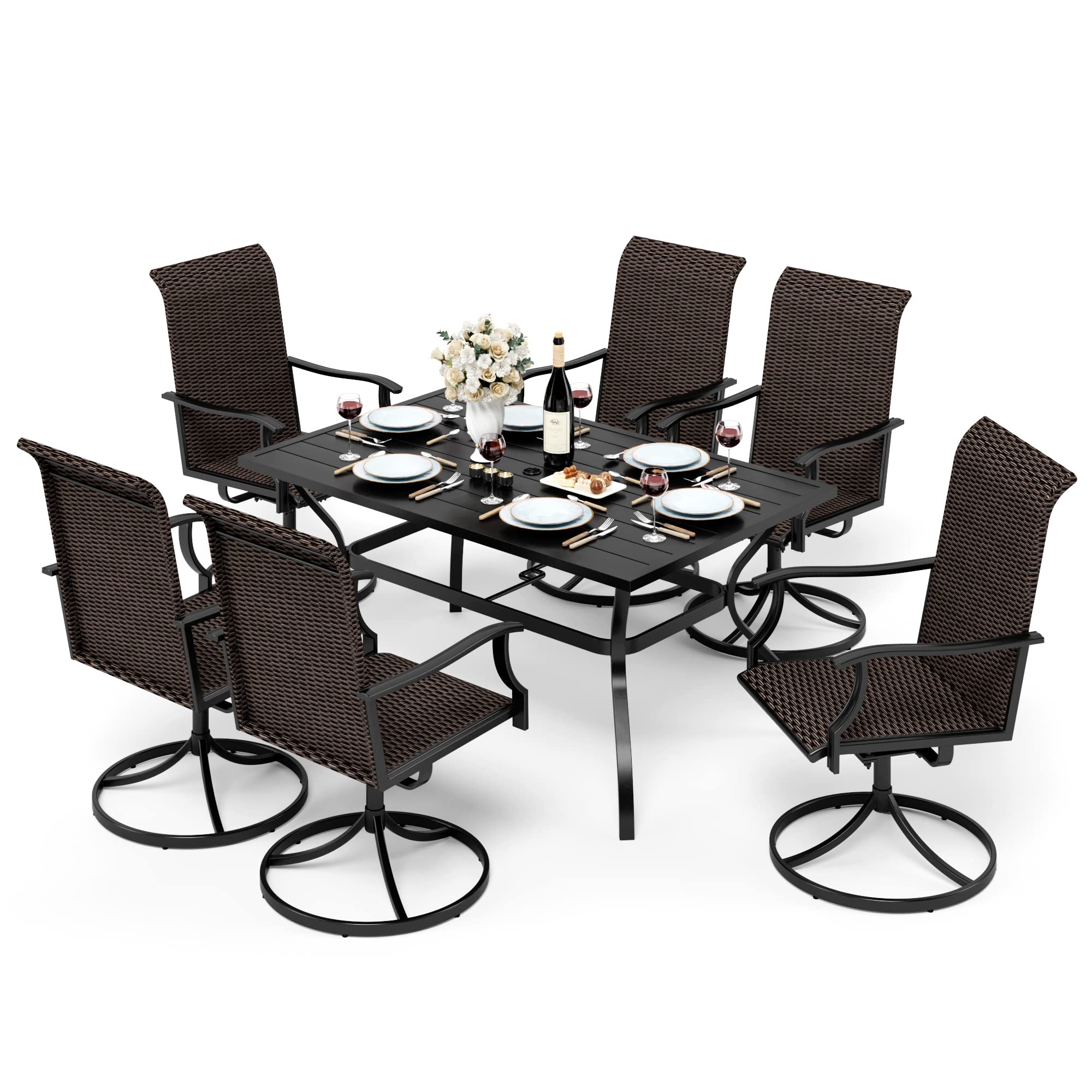 7-Piece Outdoor Patio Dining Set with 6 Rattan Swivel Chairs & 1 Metal Table (1.57