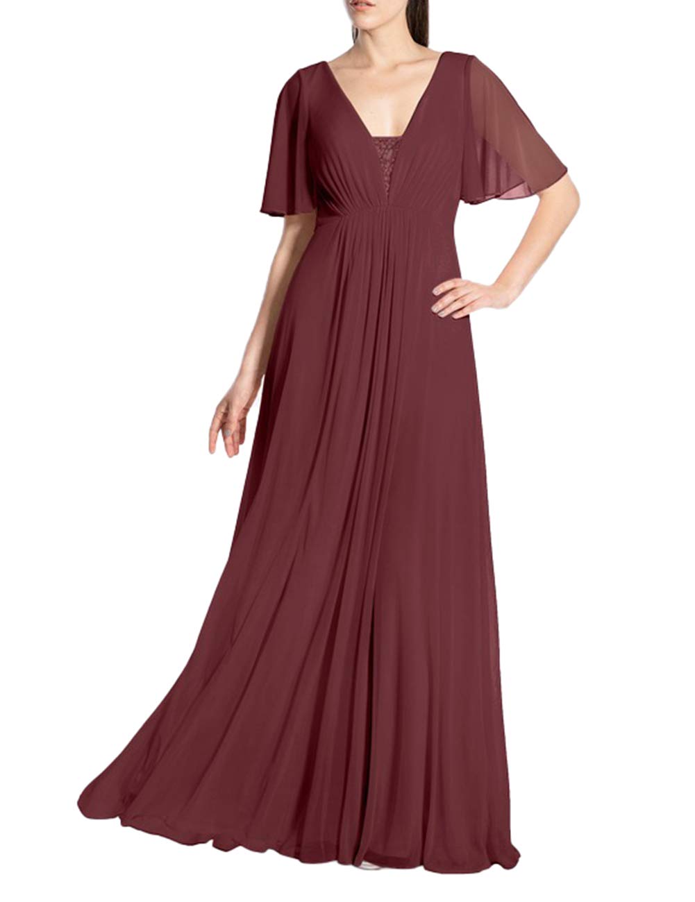JAEDEN Long Chiffon Prom Dress with Sleeves - V-Neck Formal Evening Gown for Bridesmaid, Wedding Party & Special Occasions | Elegant Homecoming, Quinceañera & Black Tie Event Attire