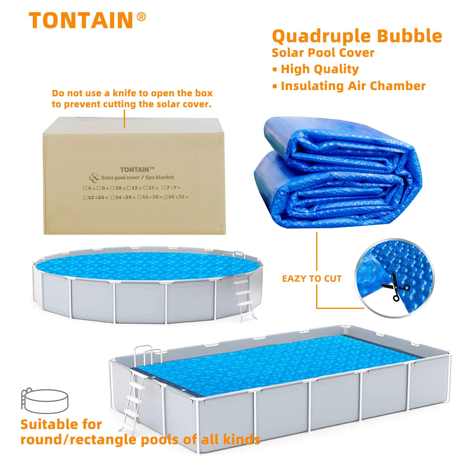 16mil 400μm Blue Quadruple Bubble Solar Pool Cover - 14x28FT Rectangle, PVC Edge & Aluminum Buckles for In-Ground/Above-Ground Pools | Sun-Powered Heating for Hot Tubs & Swimming Pools | Durable, Energy-Efficient Winter Protection