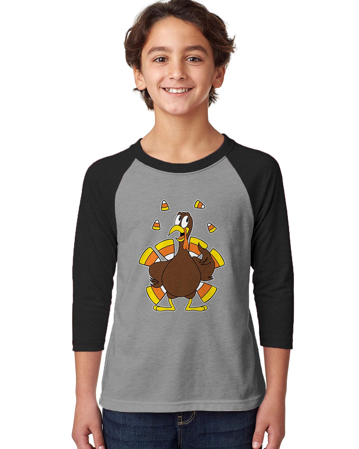 SpiritForged Apparel Candy Corn Turkey Print Toddler 3/4 Sleeve Raglan Shirt - Cute Thanksgiving Outfit for Boys & Girls