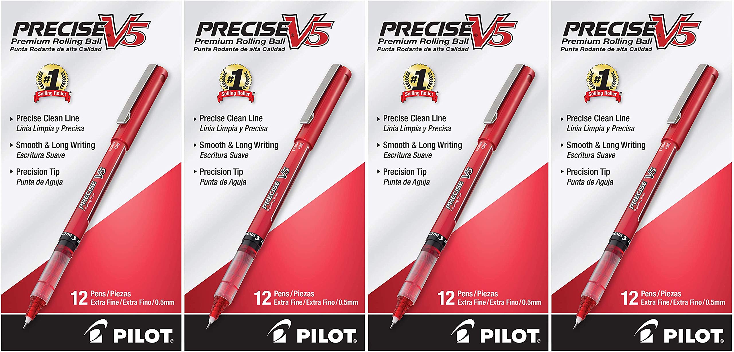 PILOT Precise V5 Extra Fine Point Rolling Ball Stick Pens - Red Ink, 12 Count (4 Pack) | Smooth Writing for Office, School & Note Taking | Perfect for Journaling, Art & Professional Use
