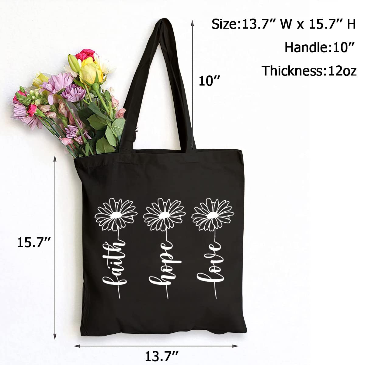 SAUIVD Faith Hope Love Eco-Friendly Tote Bags - Daisy Floral Christian Reusable Canvas Grocery Shopping Bag for Church, Bible Study & Daily Use