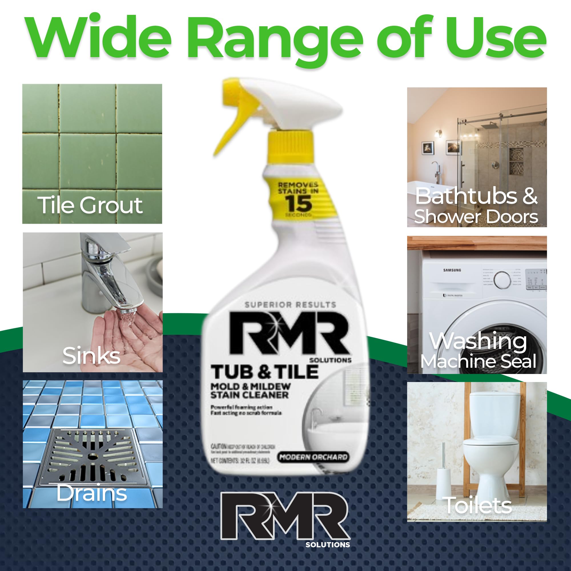 RMR - Industrial Strength Tub and Tile Cleaner | Mold & Mildew Stain Remover | No-Scrub Formula | 32 Fl Oz (2 Pack) | Perfect for Bathroom, Shower, Kitchen & Grout Cleaning