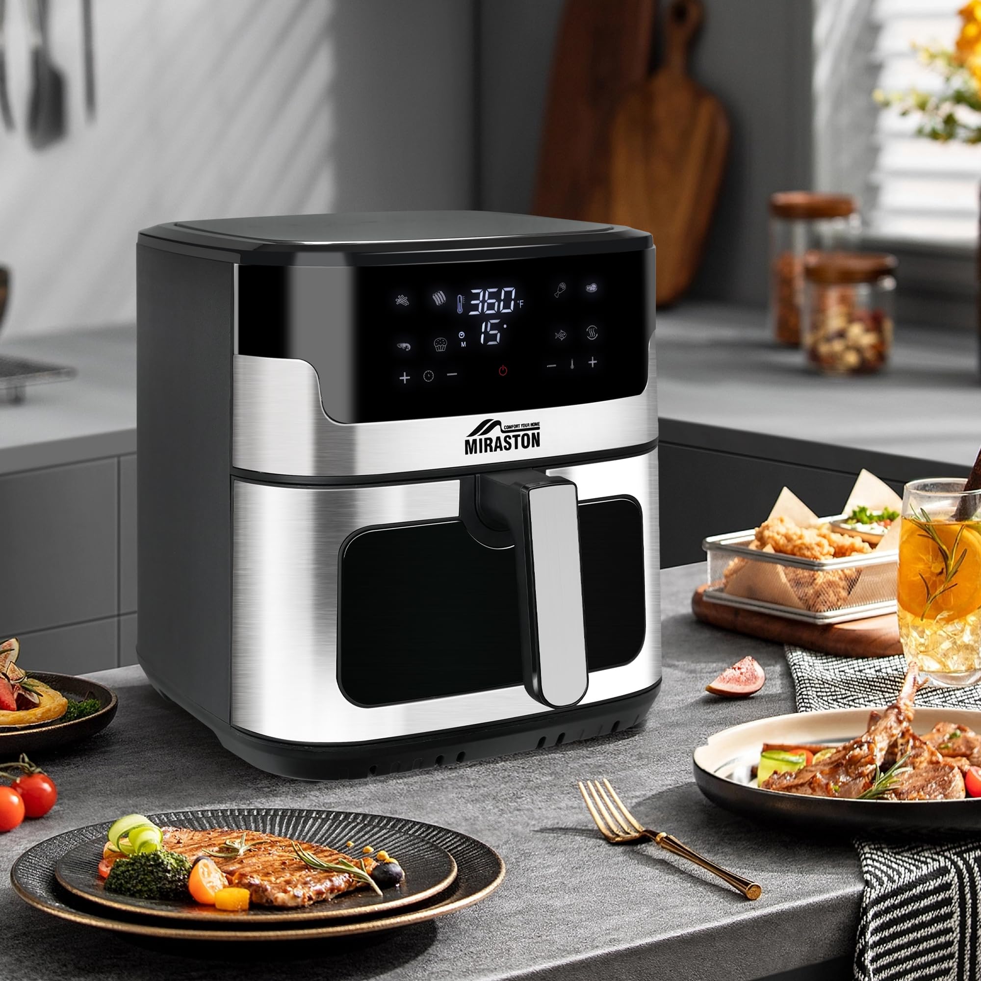 8.5QT Upgraded Square Air Fryer with Nonstick Basket - Smart Touchscreen, 8 Presets for Air Frying, Reheating & Fast Cooking - Dishwasher Safe Family Size Air Fryer for Kitchen, Parties & Healthy Meals