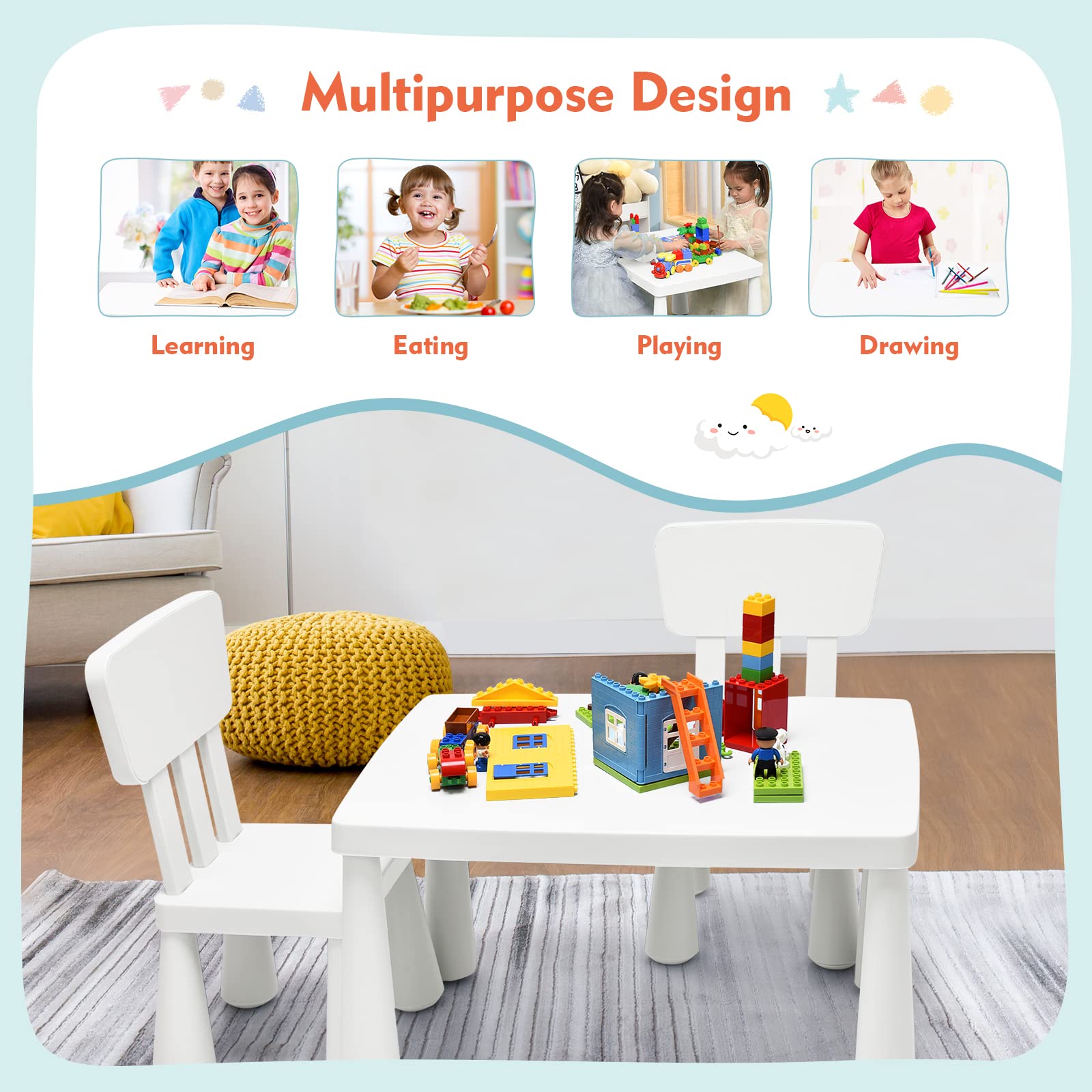 COSTWAY 3-Piece Kids Table and Chairs Set - Lightweight Plastic Children's Activity Table with 2 Chairs for Toddlers Ages 1-7, Perfect for Reading, Writing, Drawing, Crafts & Snack Time - White Kids Furniture Set for Playroom, Classroom or Daycare