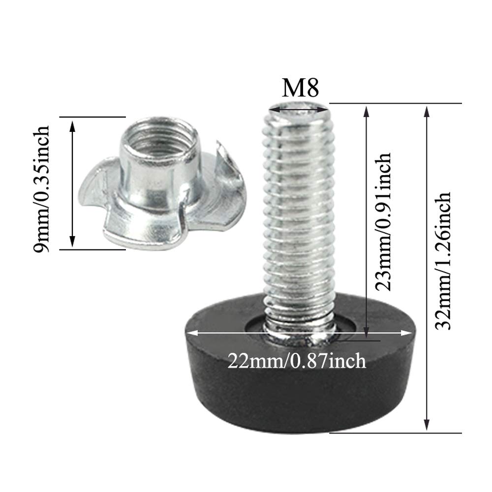 4PCS M8 Furniture Leveling Feet with T-Nuts - Adjustable Screw-On Table Legs for Chair, Cabinet, Sofa - Heavy Duty Levelers for Uneven Floors (Black) - Perfect for Home Office, Kitchen, Garage & Workshop Use