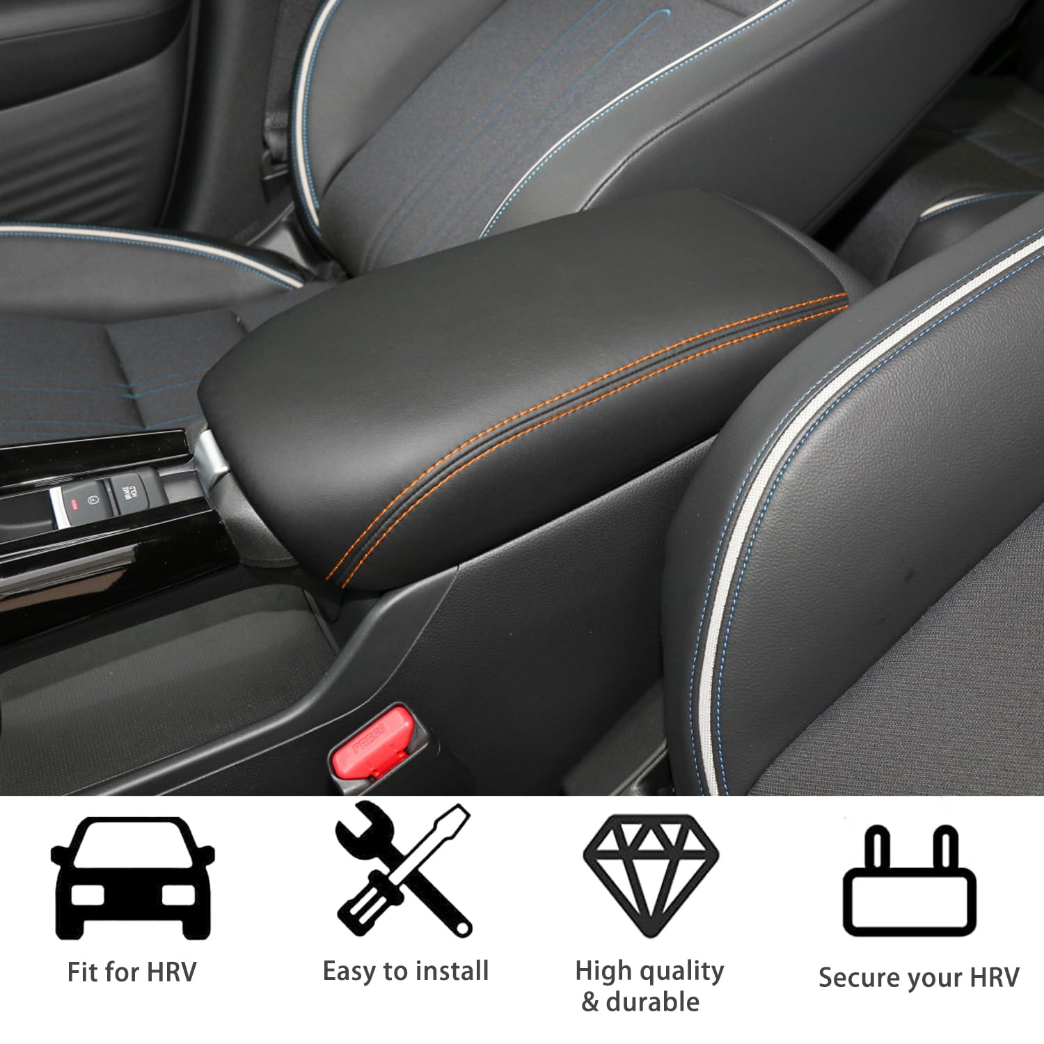 Premium Center Console Armrest Cover for Honda HR-V 2023 2024 2025 | HR-V Armrest Box Lid Protector | Leather Interior Accessories with Orange Stitching | Perfect for Road Trips & Daily Commuting