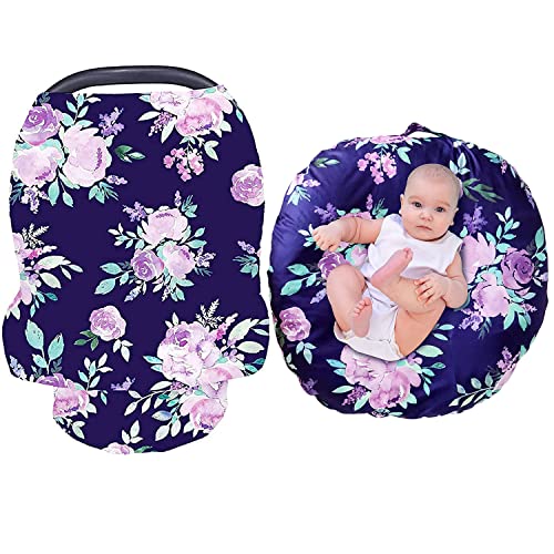 Baby Lounger Cover & Car Seat Cover Set - Purple Floral Newborn Lounger Pillow Cover for Boys & Girls | Snug Fit Infant Lounger | Multi-Use Car Seat Canopy | Breathable & Reusable | Perfect for Nursery, Travel & On-the-Go Comfort