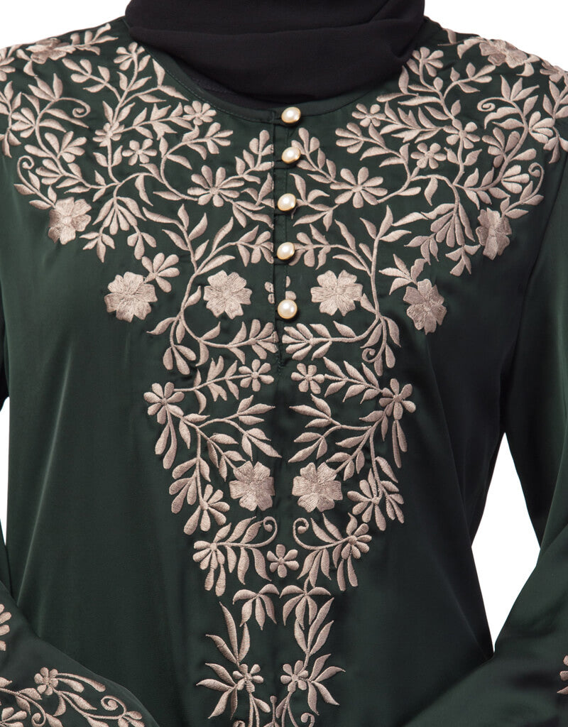 Elegant Arabic Embroidered Abaya Dress with Neck & Sleeve Resham Details - Green A-Line Party Wear for Women | Perfect for Weddings, Eid Celebrations & Special Occasions