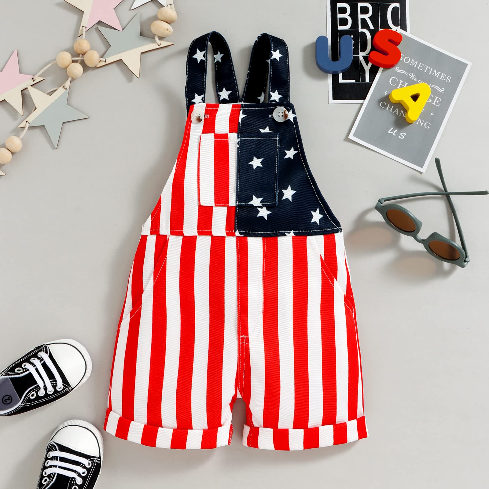 American Flag Overalls for Baby Boys & Girls - Patriotic 4th of July Outfit, Toddler Bib Overalls with Suspenders & Pockets | Perfect for Independence Day, Memorial Day & Summer Festivals