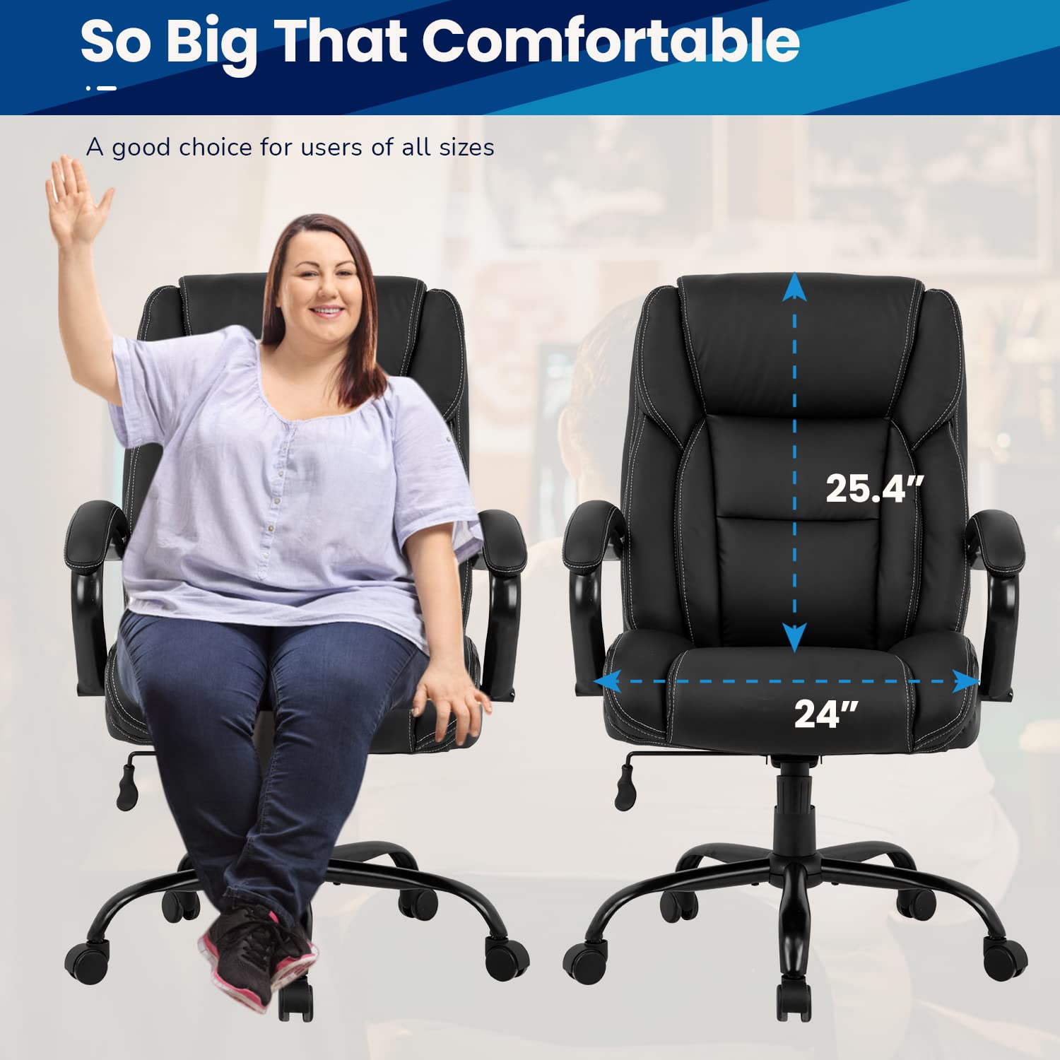 Big and Tall Office Chair 500lbs - Heavy Duty Ergonomic Executive Desk Chair with High Back, Lumbar Support & Headrest - Swivel Computer Chair for Women & Men - Black - Perfect for Home Office, Gaming & Workspaces