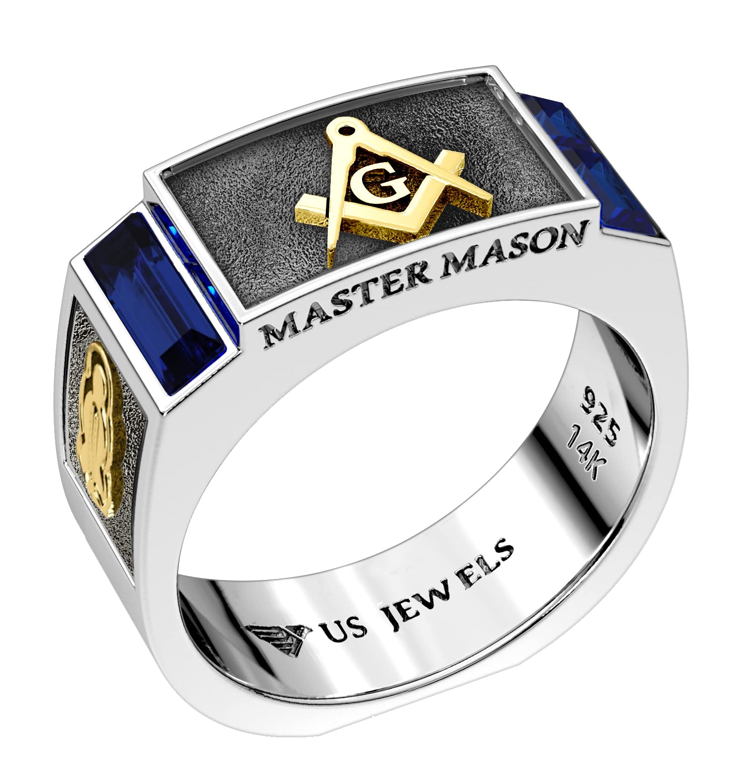 8mm Two-Tone Sterling Silver Blue Lodge Master Mason Simulated Sapphire Ring for Men - Size 8-13 | 925 Silver Masonic Jewelry for Brotherhood & Formal Occasions
