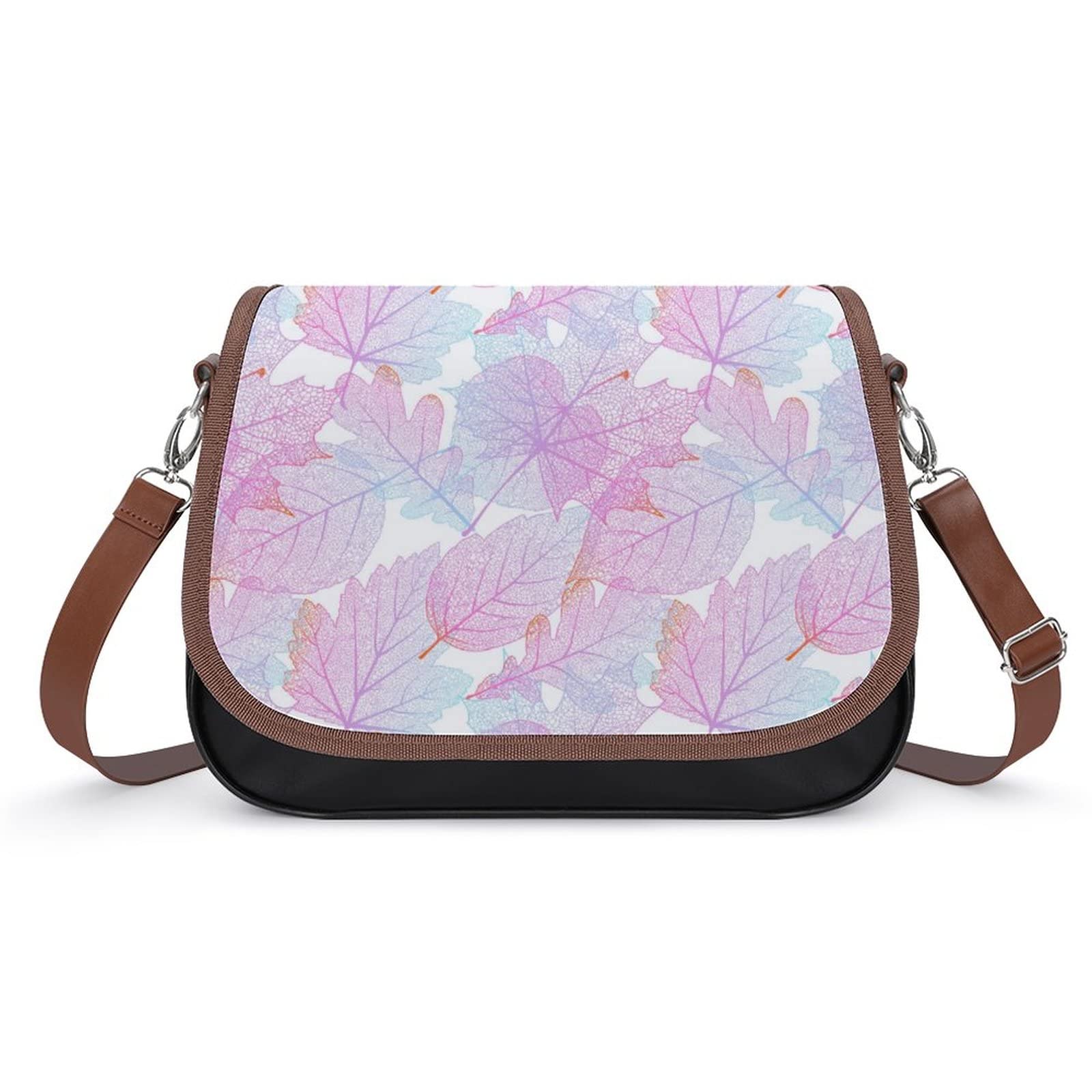 Printed Shoulder Crossbody Bag - Genuine Leather Hobo Purse for Women with Top Handle - Medium Size Satchel in Pink Maple Leaf Design - Perfect for Work, Travel & Everyday Use