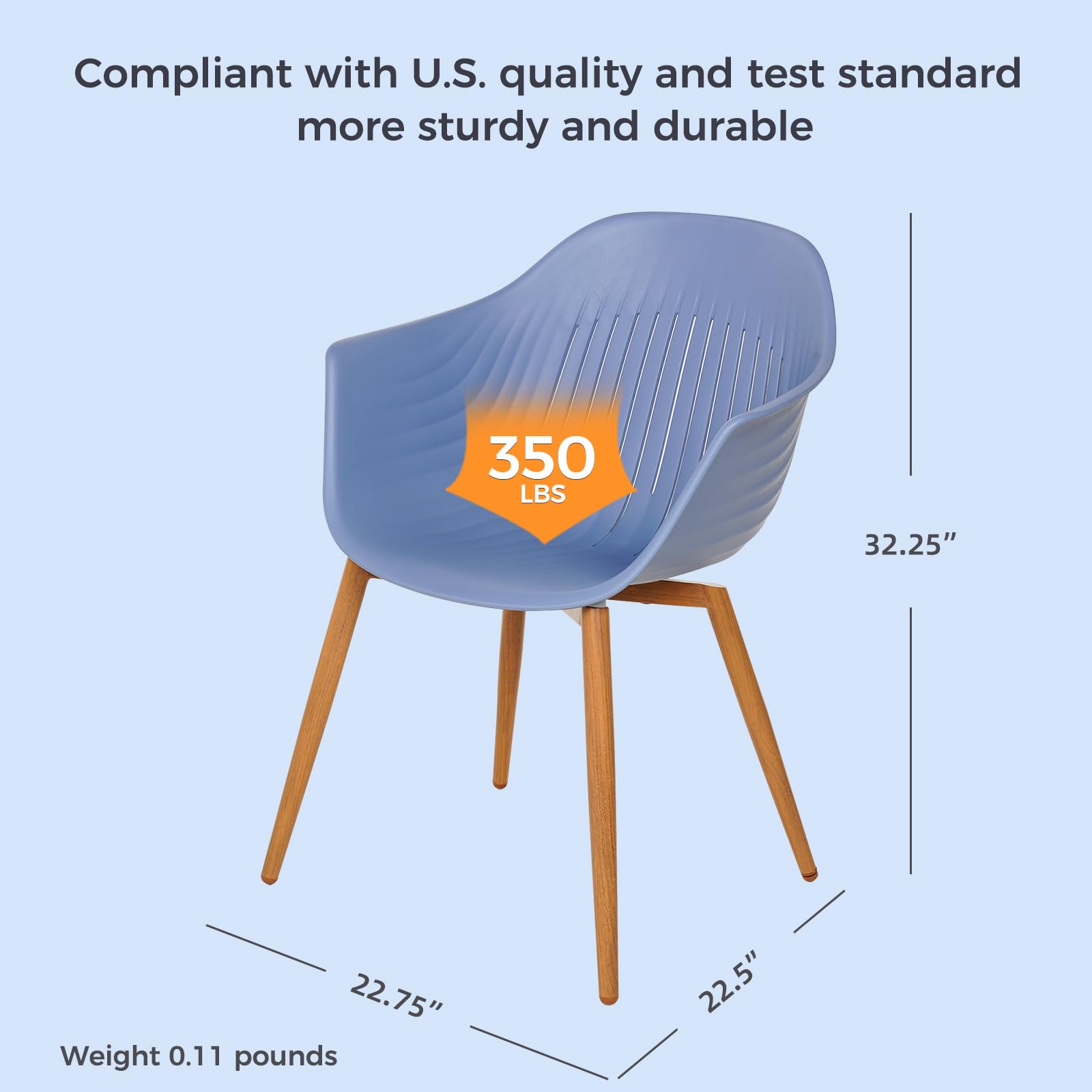Modern Outdoor Dining Chairs Set of 2 - Recycled Plastic Patio Chairs with Rust-Free Metal Frame & Woodgrain Legs - Whale Design for Backyard, Garden, Poolside or Restaurant Use (Blue)