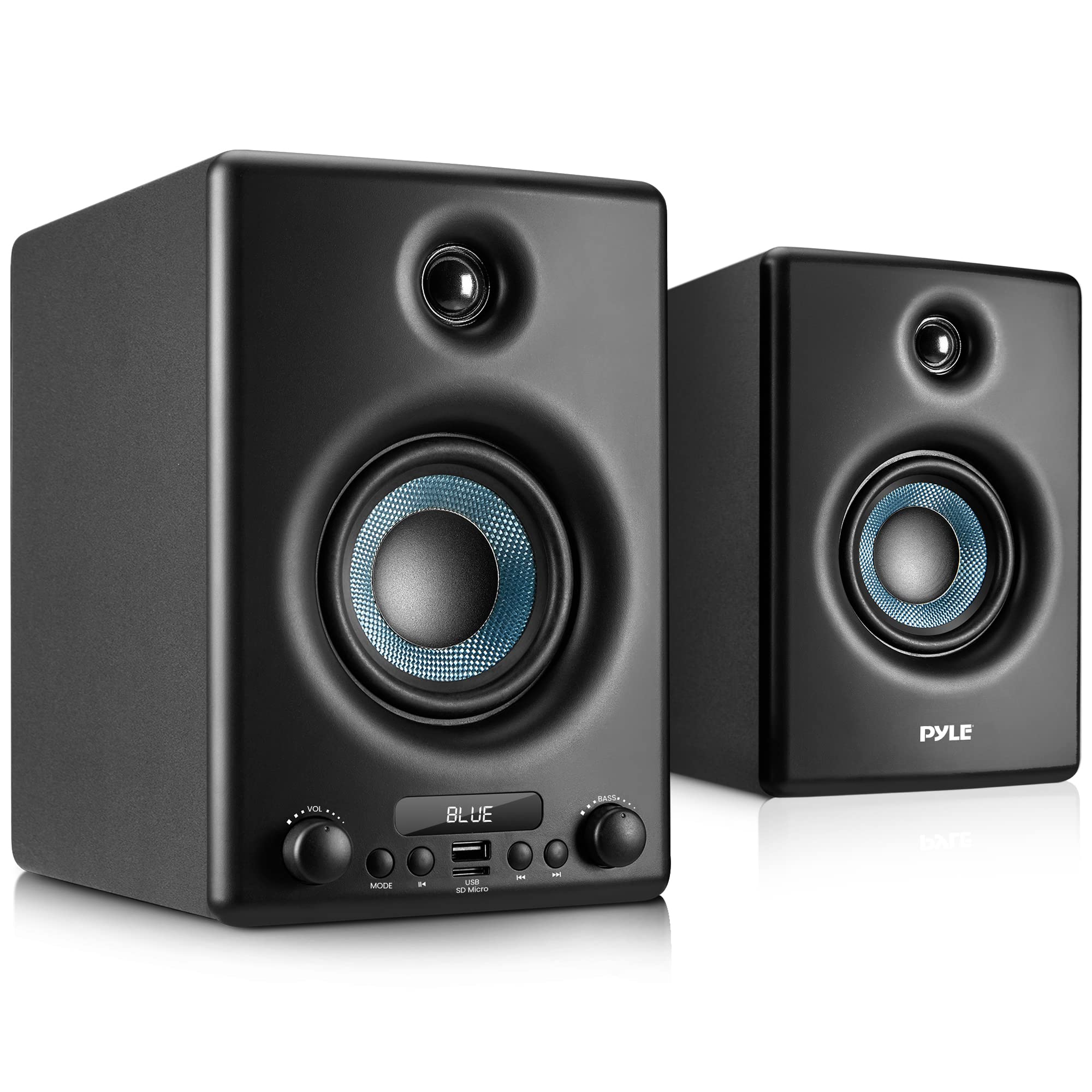Pyle PBKSP33BK Active Bookshelf Speakers with Bluetooth - 300W HiFi Stereo Monitor Speaker System, USB/SD/RCA Inputs, Professional Sound for PC, TV, Desktop - Perfect for Home Theater, Gaming & Music Listening (Black)