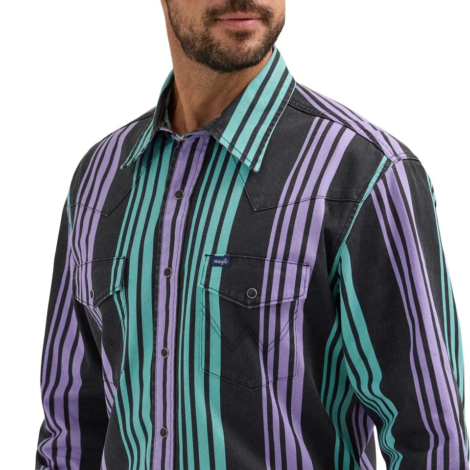 Vintage Wrangler Men's Long Sleeve Shirt - Purple & Blue Brushpopper Stripe for Casual Wear & Outdoor Adventures