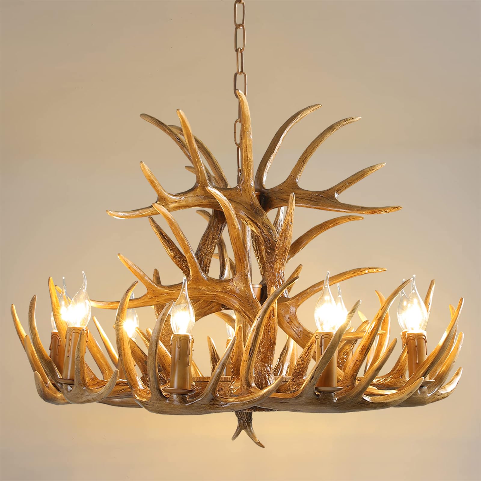 Adjustable Chain Deer Antler Chandelier - 9-Light Farmhouse Lighting Fixture for Dining Room, Kitchen, Living Room | Rustic Cabin Decor for High Ceilings | Perfect for Home, Bar & Cafe Ambiance