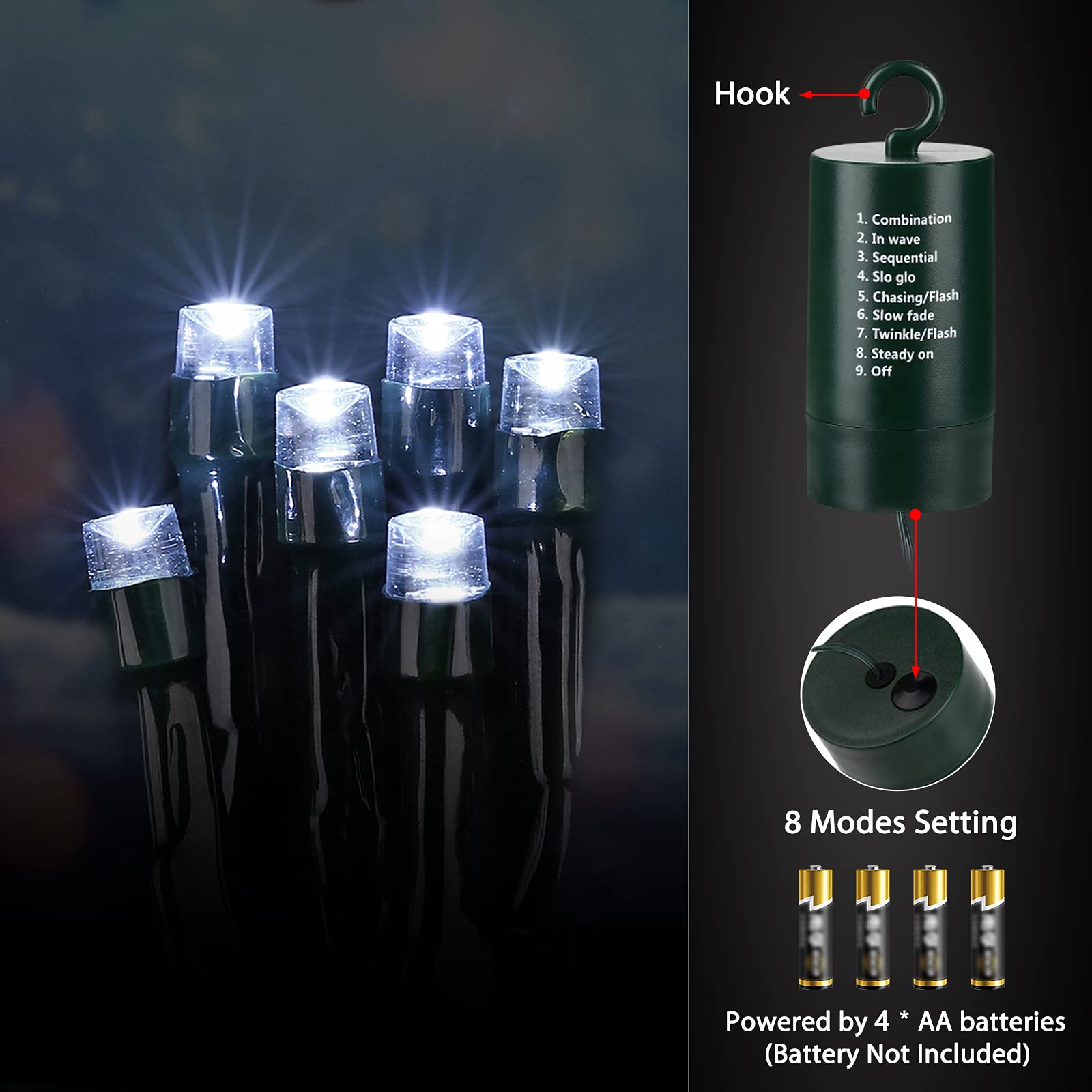 Flacchi 66ft 200 LED White Christmas Lights - Battery Operated Waterproof String Lights with 8 Modes & Auto Timer - Perfect for Xmas Tree Decorations, Halloween Party, Holiday Indoor Outdoor Decor - Ideal for Home, Garden, Wedding, and Festive Events