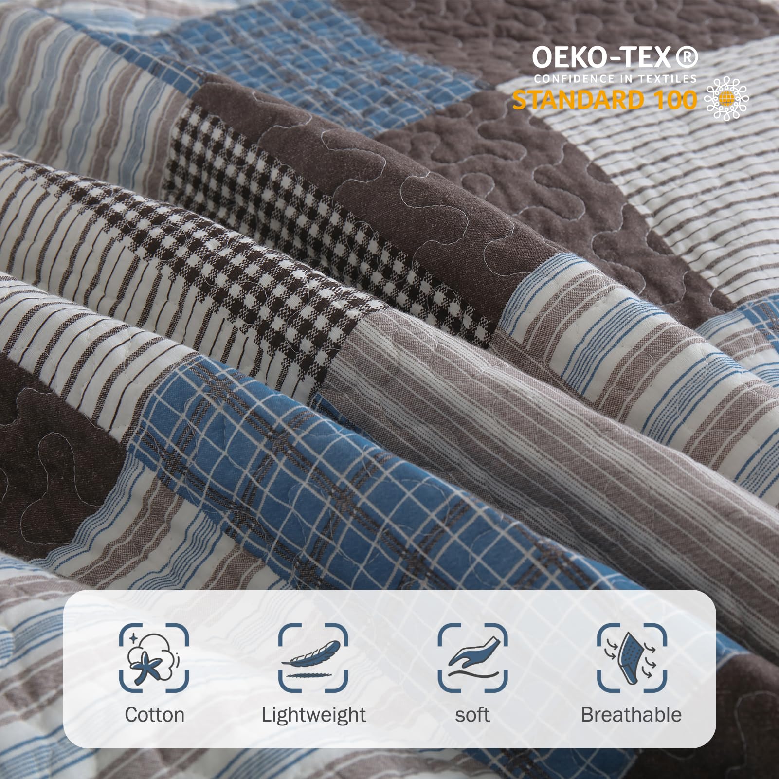 Y-PLWOMEN 100% Cotton Plaid Quilt Set Queen Size - Farmhouse Style Lightweight Breathable Bedspread with 2 Pillow Shams, Blue Brown (90x98 Inches) for Cozy Bedroom Decor & Guest Room Essentials