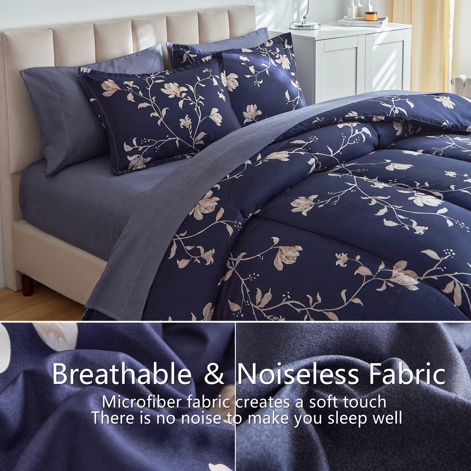 AIKASY 6-Piece Floral Twin Comforter Set - Navy Blue Bed in a Bag with Comforter, Pillow Shams, Sheets & Pillowcases | Soft Microfiber Bedding for Kids, Teens & Guest Rooms | Machine Washable & Wrinkle-Resistant