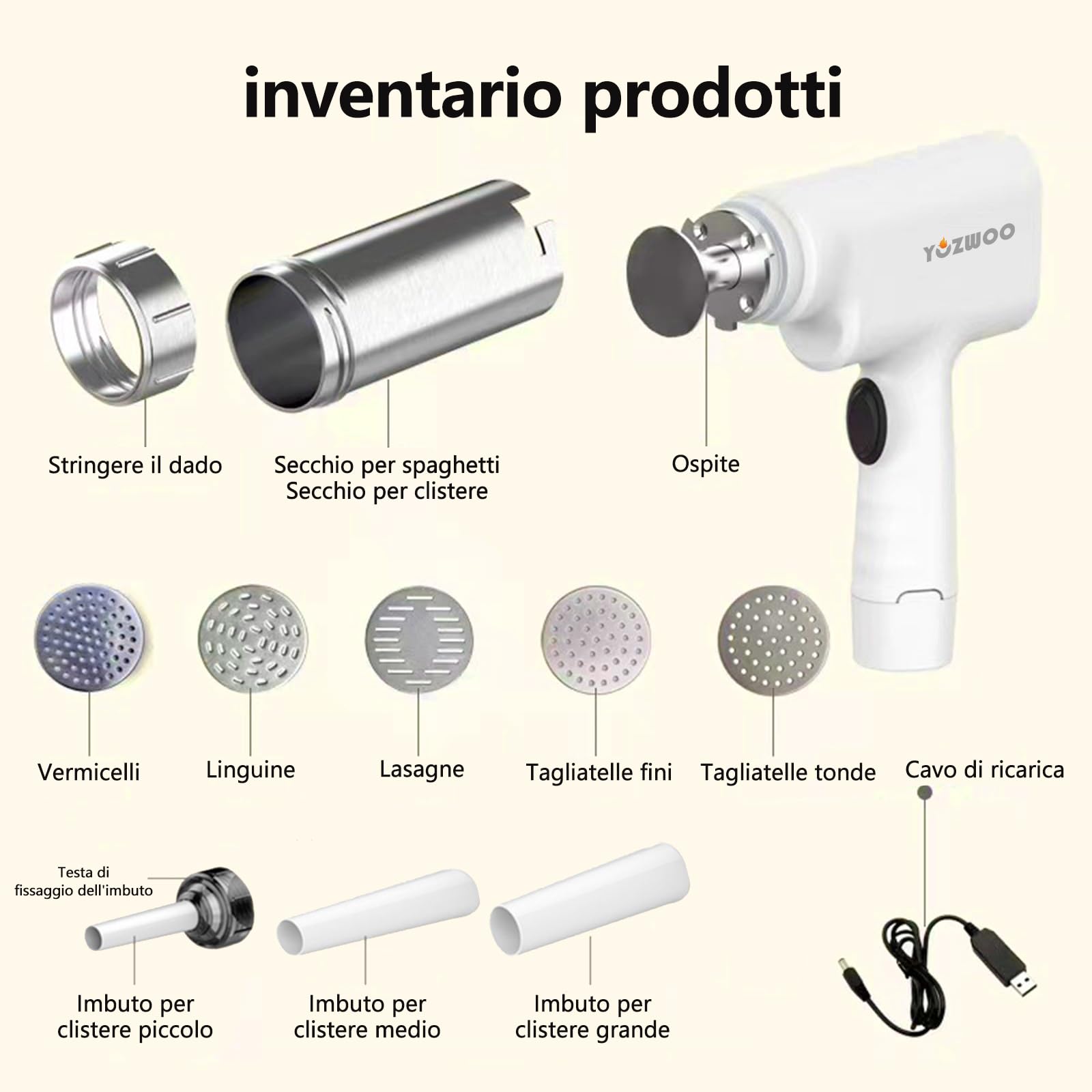 Electric Pasta Maker Machine - Handheld Noodle Press & Extruder for Homemade Pasta, Sausage | Portable Kitchen Tool for Italian Cuisine, Family Cooking & Restaurant Use (White)