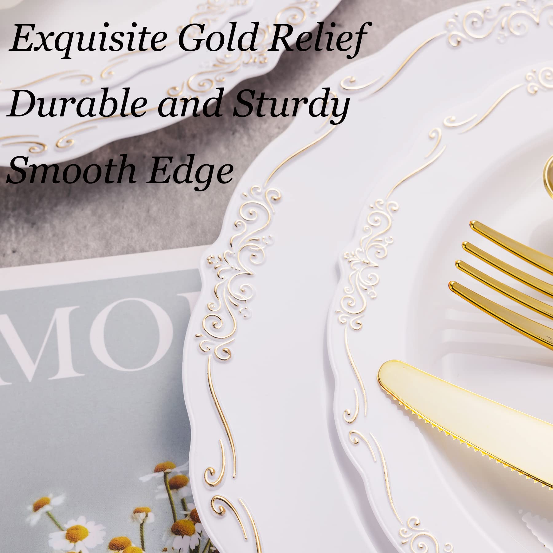 175-Piece Gold Plastic Dinnerware Set for 25 Guests - Includes 25 Dinner Plates, Dessert Plates, Paper Napkins, Cups & Gold Silverware Sets | Elegant Party & Wedding Tableware for Banquets, Bridal Showers & Special Events