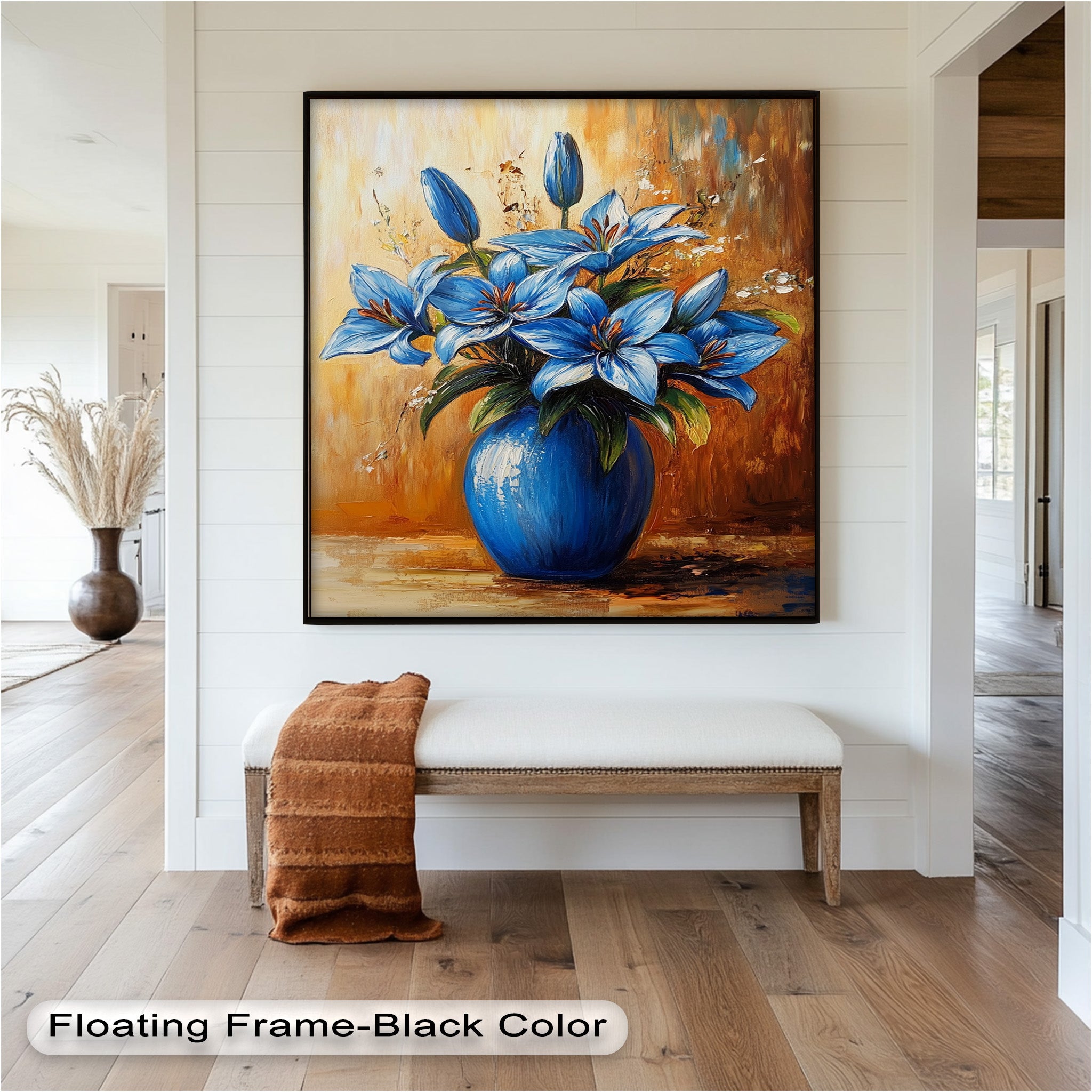 Azure Blossoms in Blue Vase - Hand-Painted Floral Oil Canvas Artwork for Living Room Decor | Wall Art for Home & Office