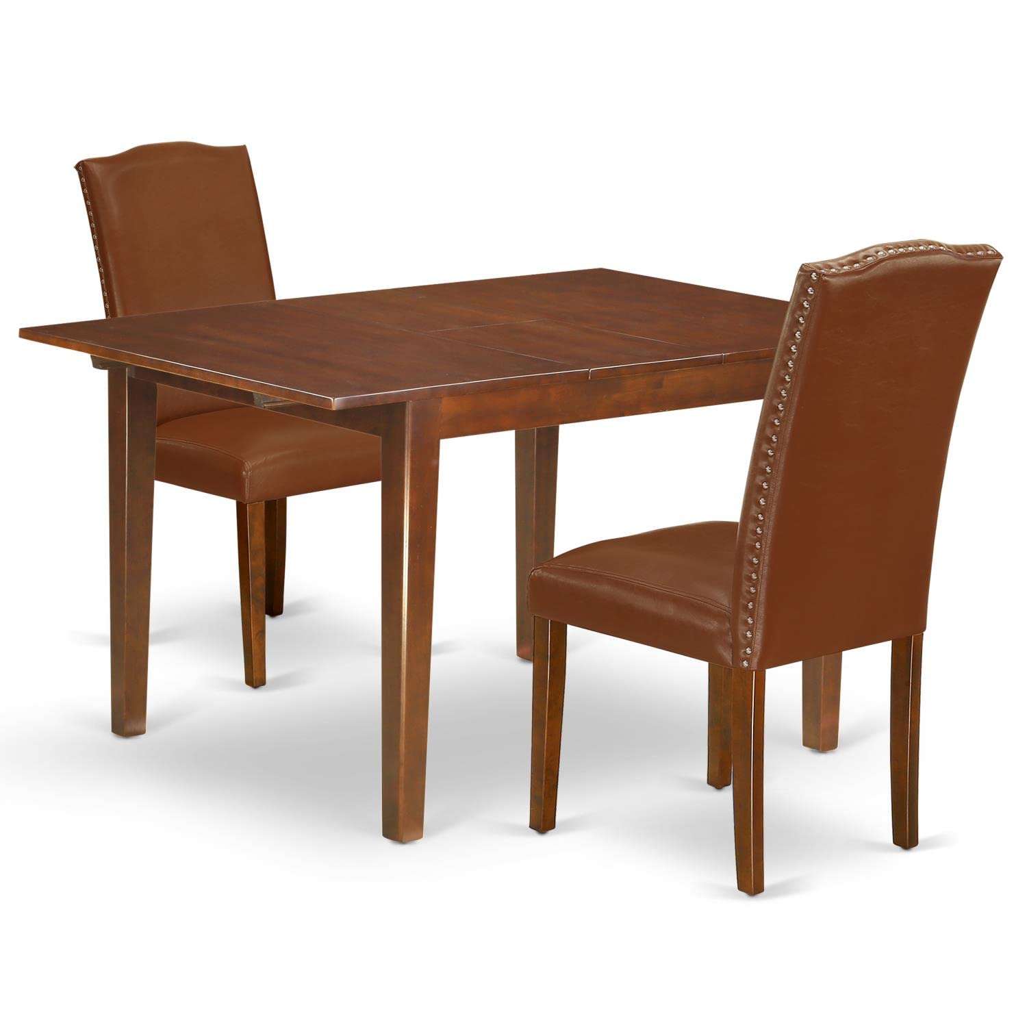 East West Furniture NOEN3-MAH-66 3-Piece Kitchen Dining Set - 32x54 Inch Rectangle Table with Butterfly Leaf & 2 Brown Faux Leather Chairs, Mahogany - Perfect for Small Kitchens, Breakfast Nooks, and Cozy Dining Spaces